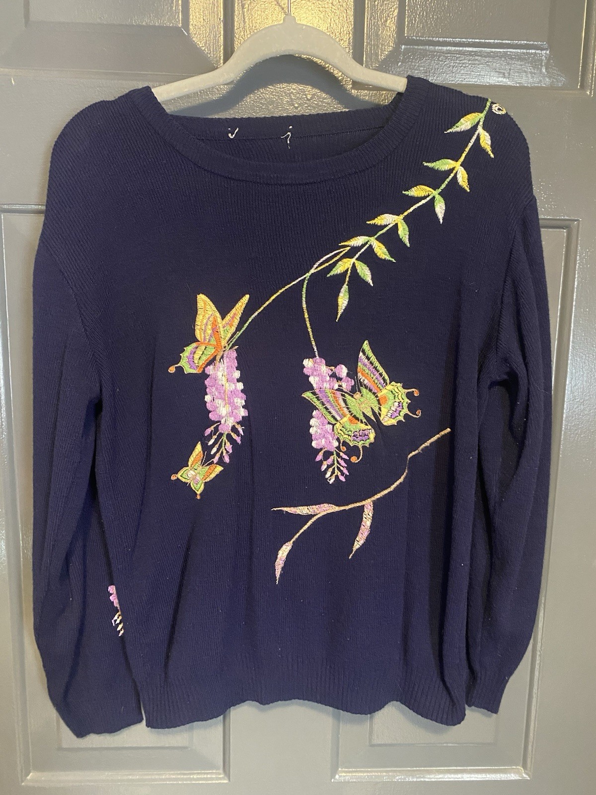 Vintage Women’s Bonnie Lee Leroy Blue Sweater Acrylic 70s Colorful Butterflies