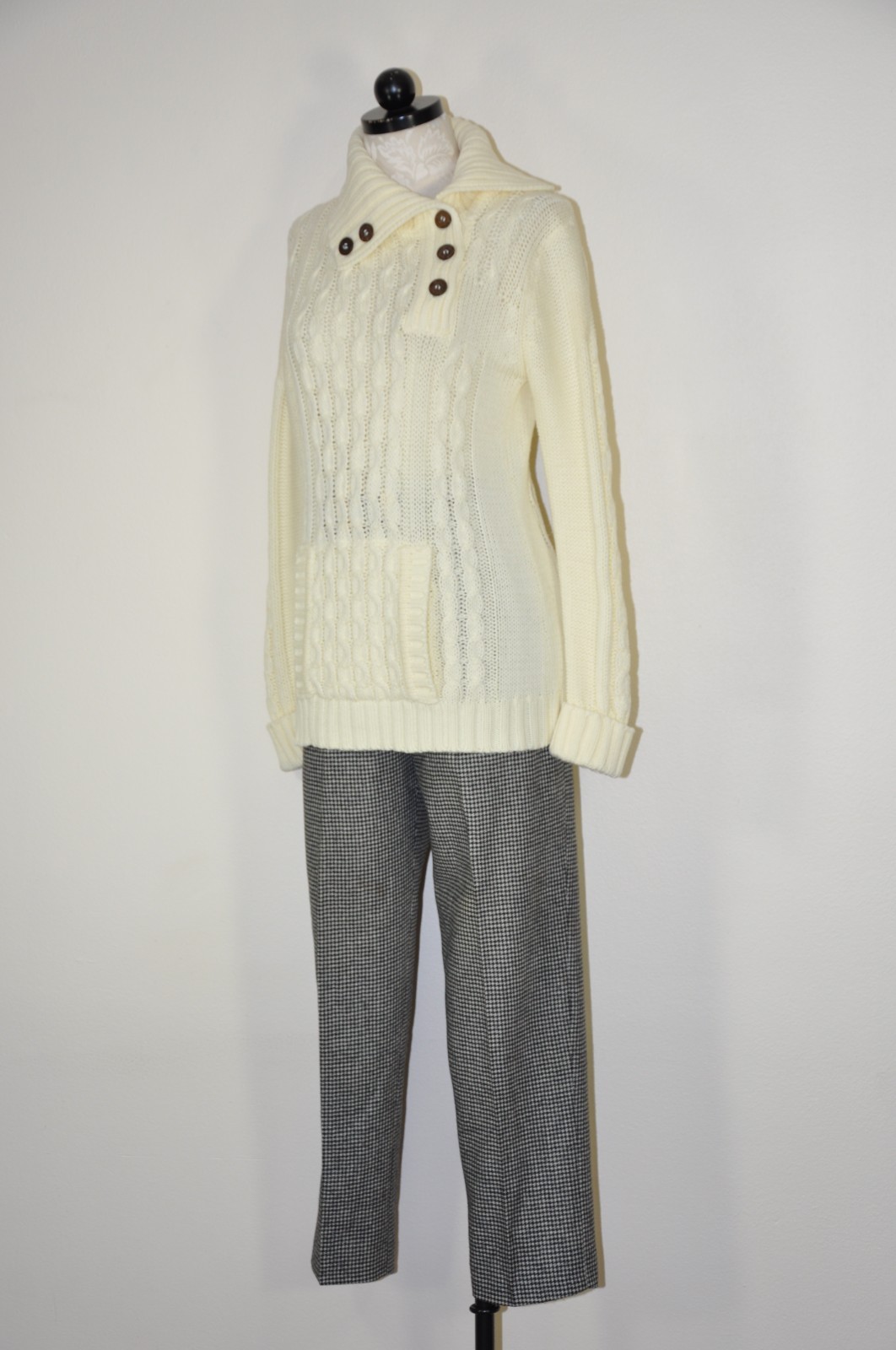 70s Vintage Cream Chunky Cable Knit Buttons Turtleneck Fisherman Sweater Women S