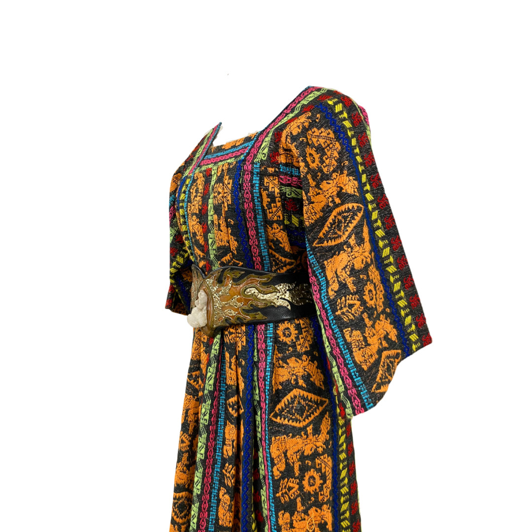 Vtg Vintage 1960s 60s Mexican Woven Metallic Mayan Textile Tunic Maxi Dress
