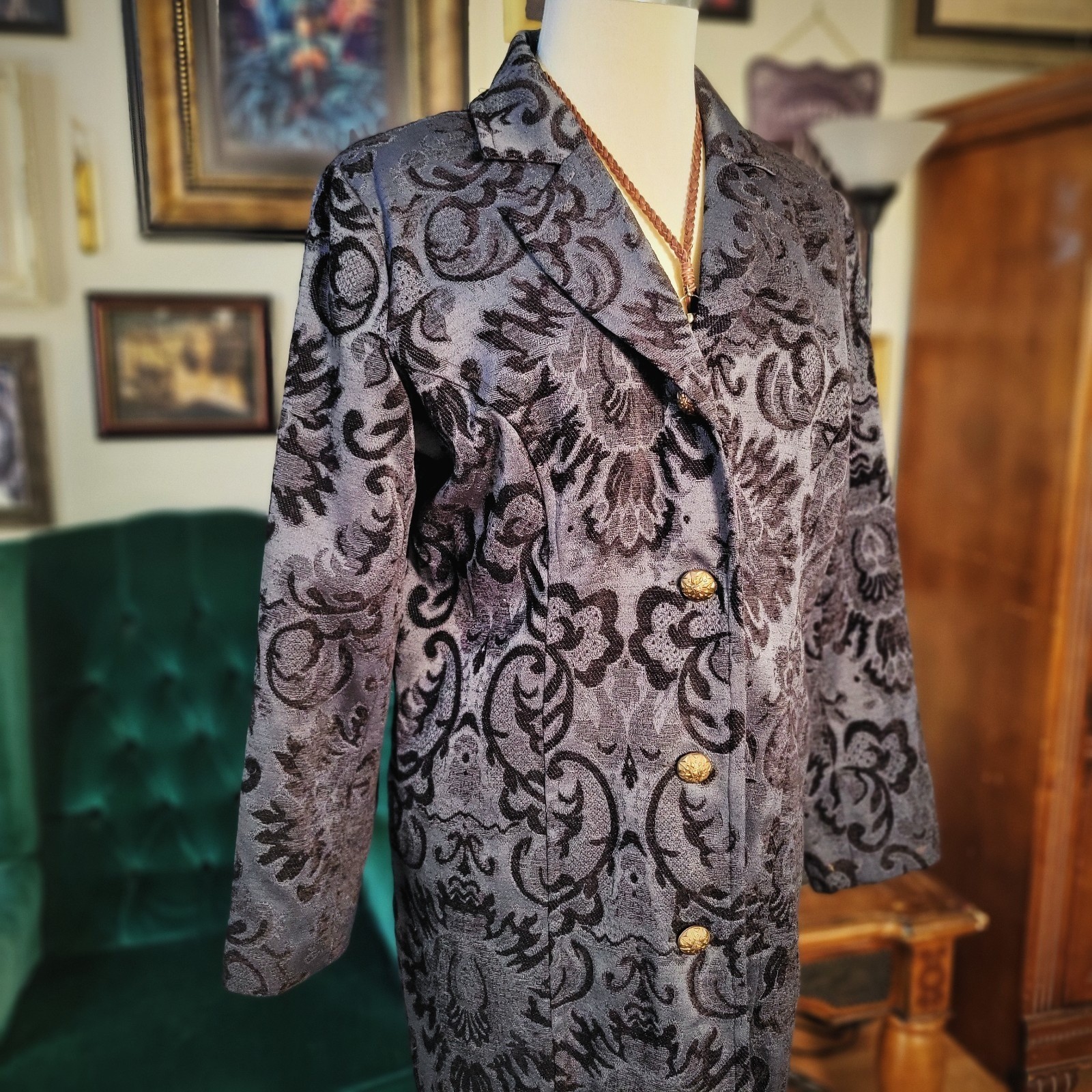 Erin London Damask Coat Vintage 90s Tapestry Grey Black Brocade Long Jacket M