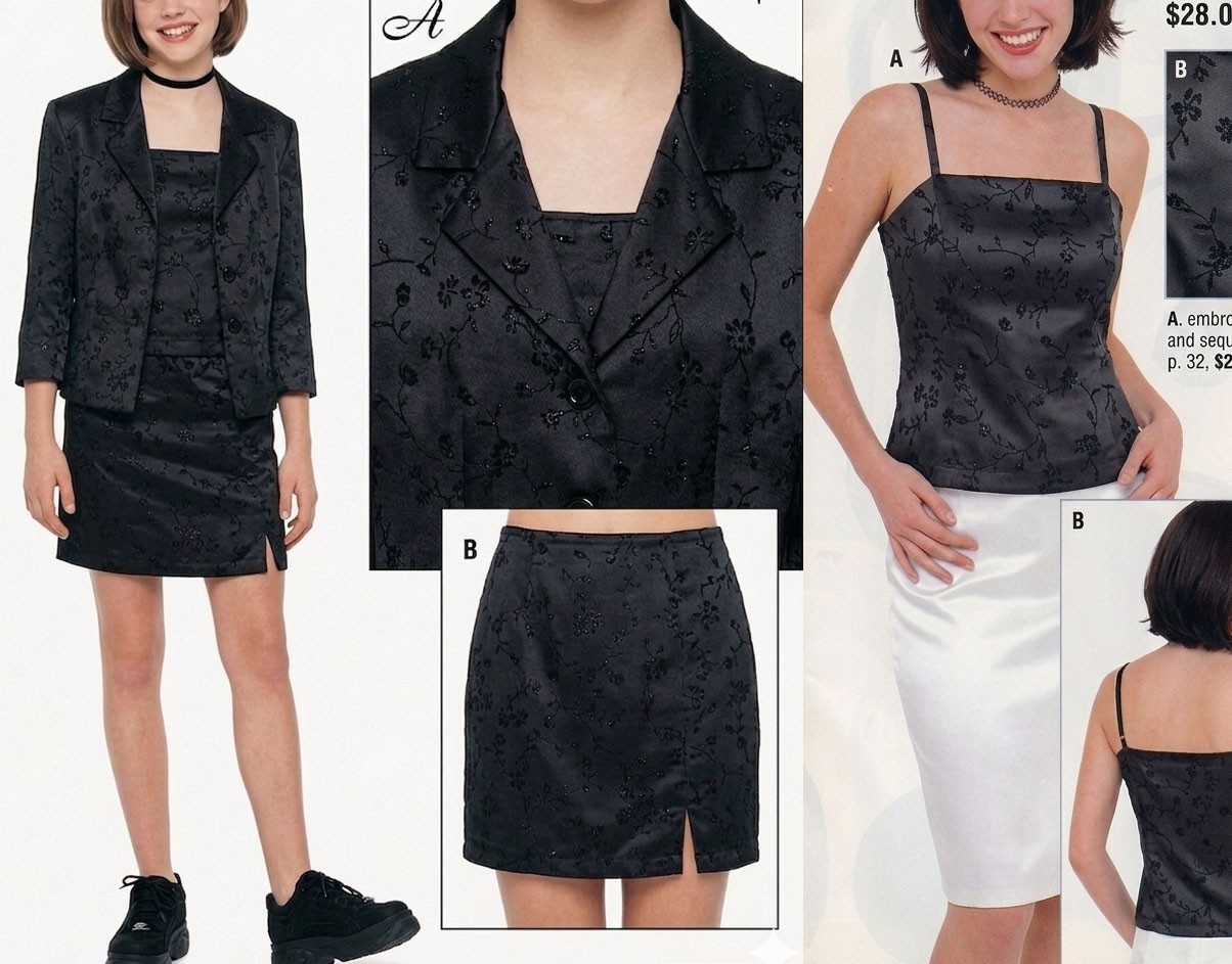 90s Black Satin 3 Piece With Flocked Velvet Glitter Floral Size 11/12 M 30/31 W