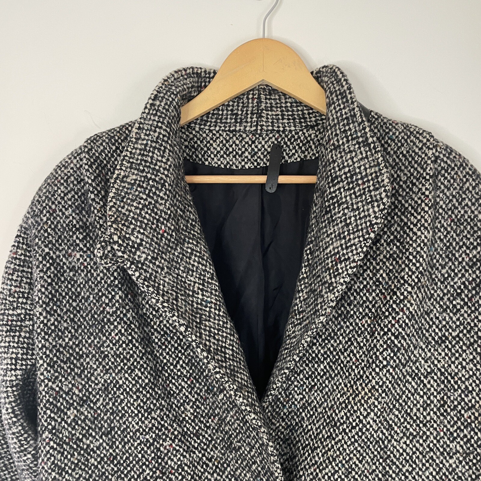 Vtg 80s DONNYBROOK Black White Tweed Long Coat w/Leather Accents Women Sz 12