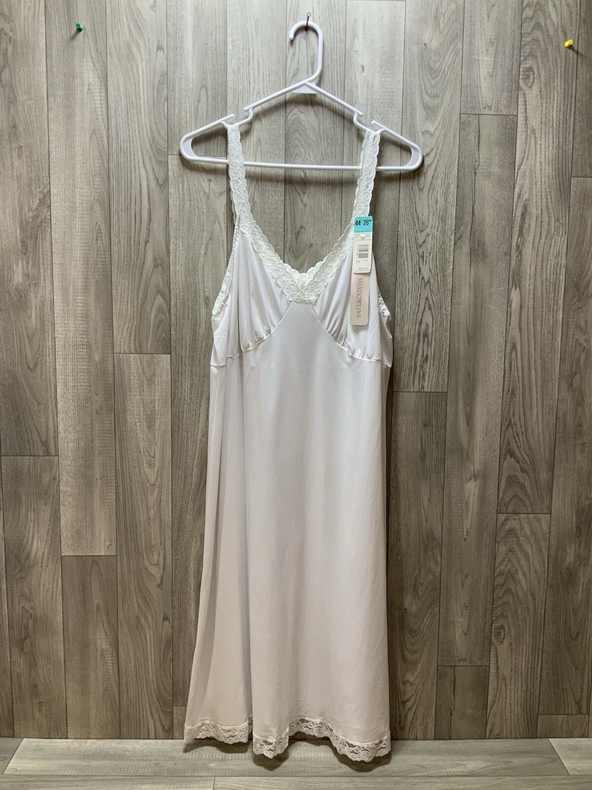 Vtg NWT Shadowline USA Maxi Slip Lace Trim White Nylon Lingerie Nightgown 44 26”