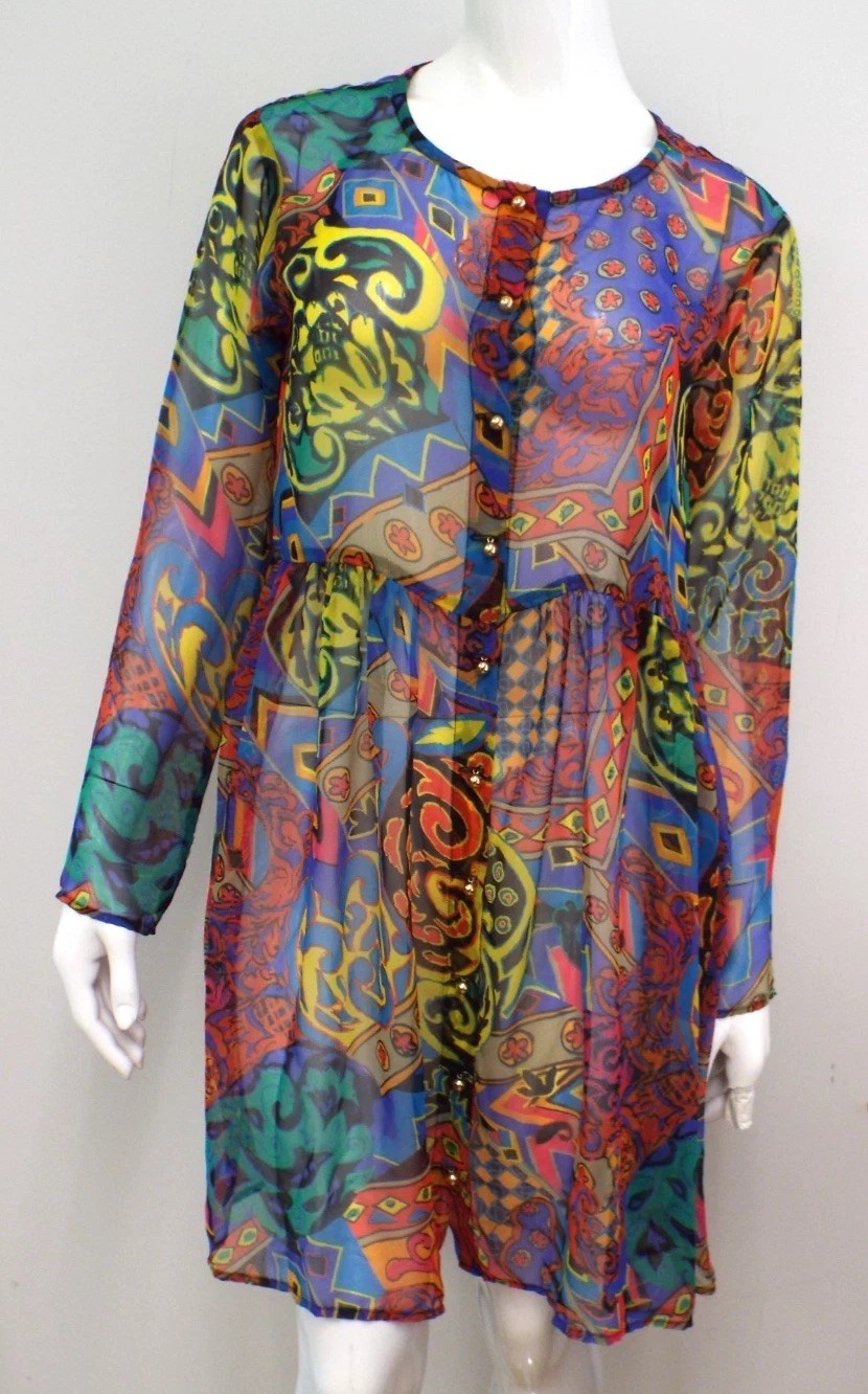 Vintage 1980s Betsey Johnson Sheer Multicolor Dress Gold Buttons Punk Label Med