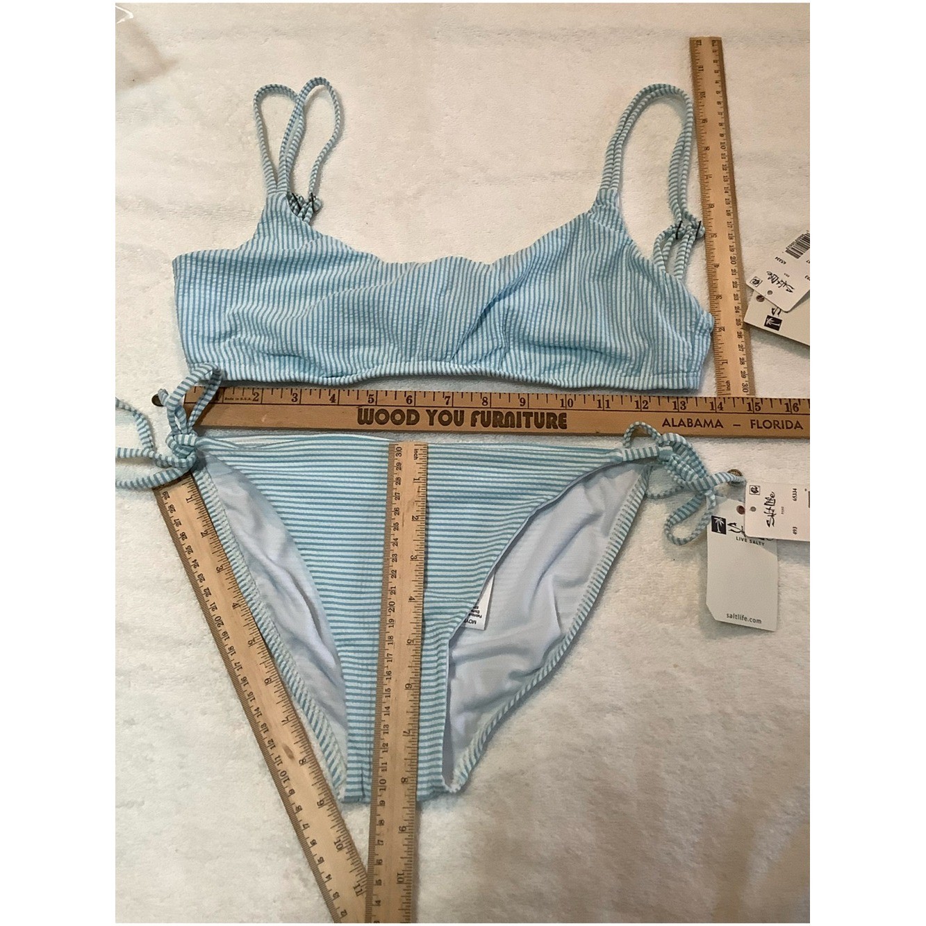 NWT sz MED Salt Life Blue Seersucker Stripe Bralette and Side Tie Bikini Set