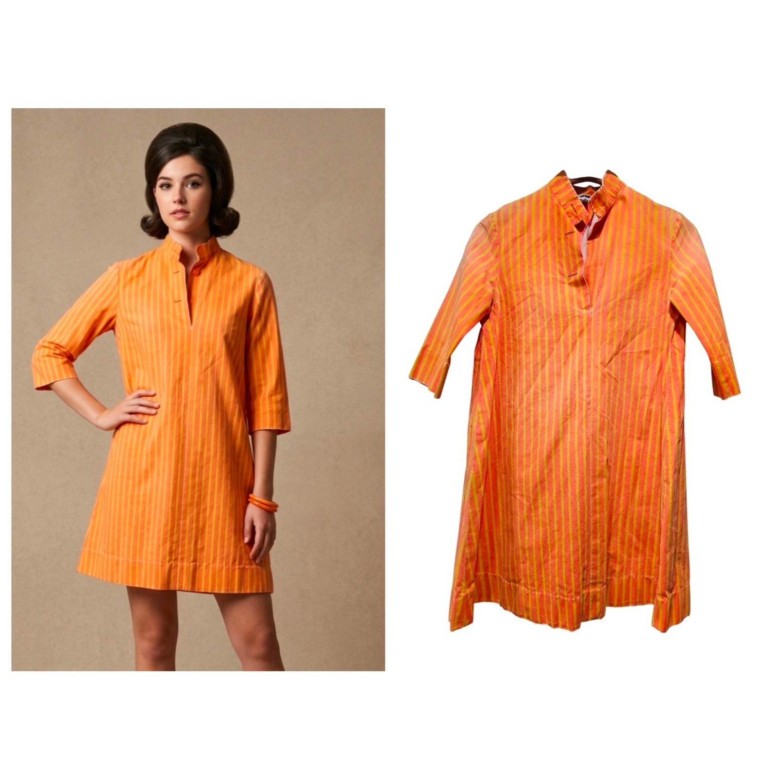 Vintage Marimekko Finland Dress Womens 6 Orange Yellow Stripe Cotton Mod Retro