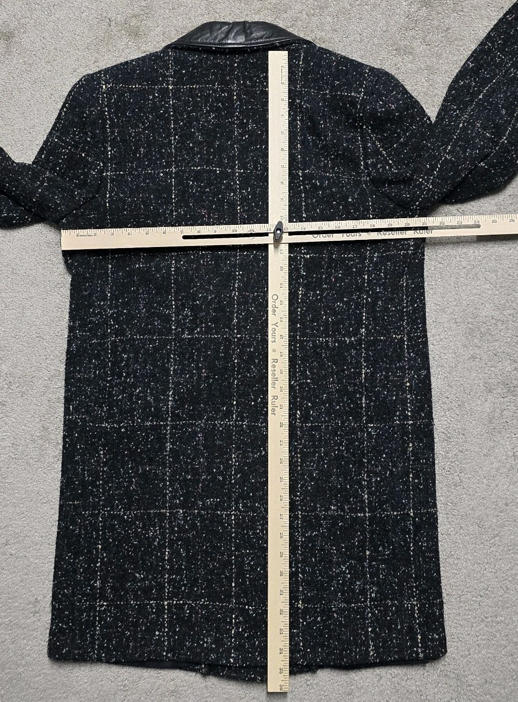 Vintage Coat 80s Long Oversized Black Tweed Blazer Jacket Leather Collar Sz 8