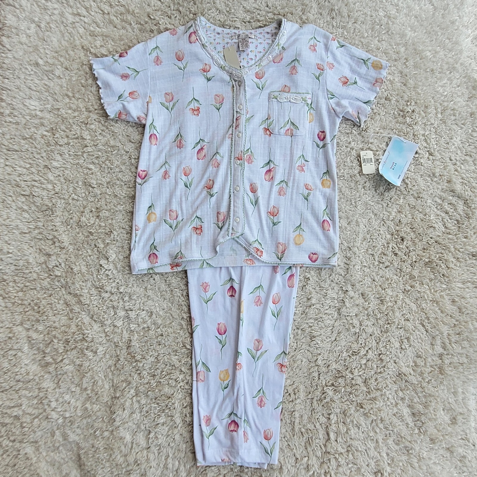 VTG Dead Stock Earth Angels White Tulip Pattern Pajama Set Wmn’s Sz S Comfort