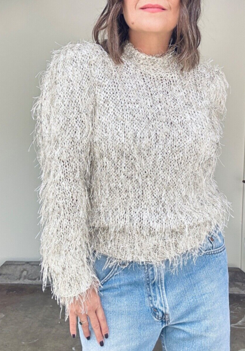 Estelle Womens Crochet Sweater Size Medium Vintage Fuzzy Beige Fringe Sweater