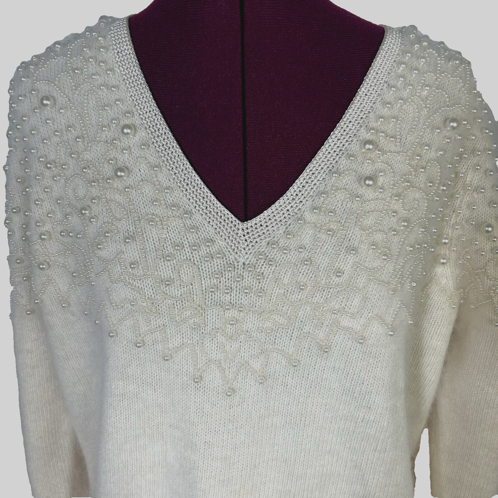 Vintage 80s Side Effects Beaded Ivory Wool Angora Rabbit Hair Sweater Sz M