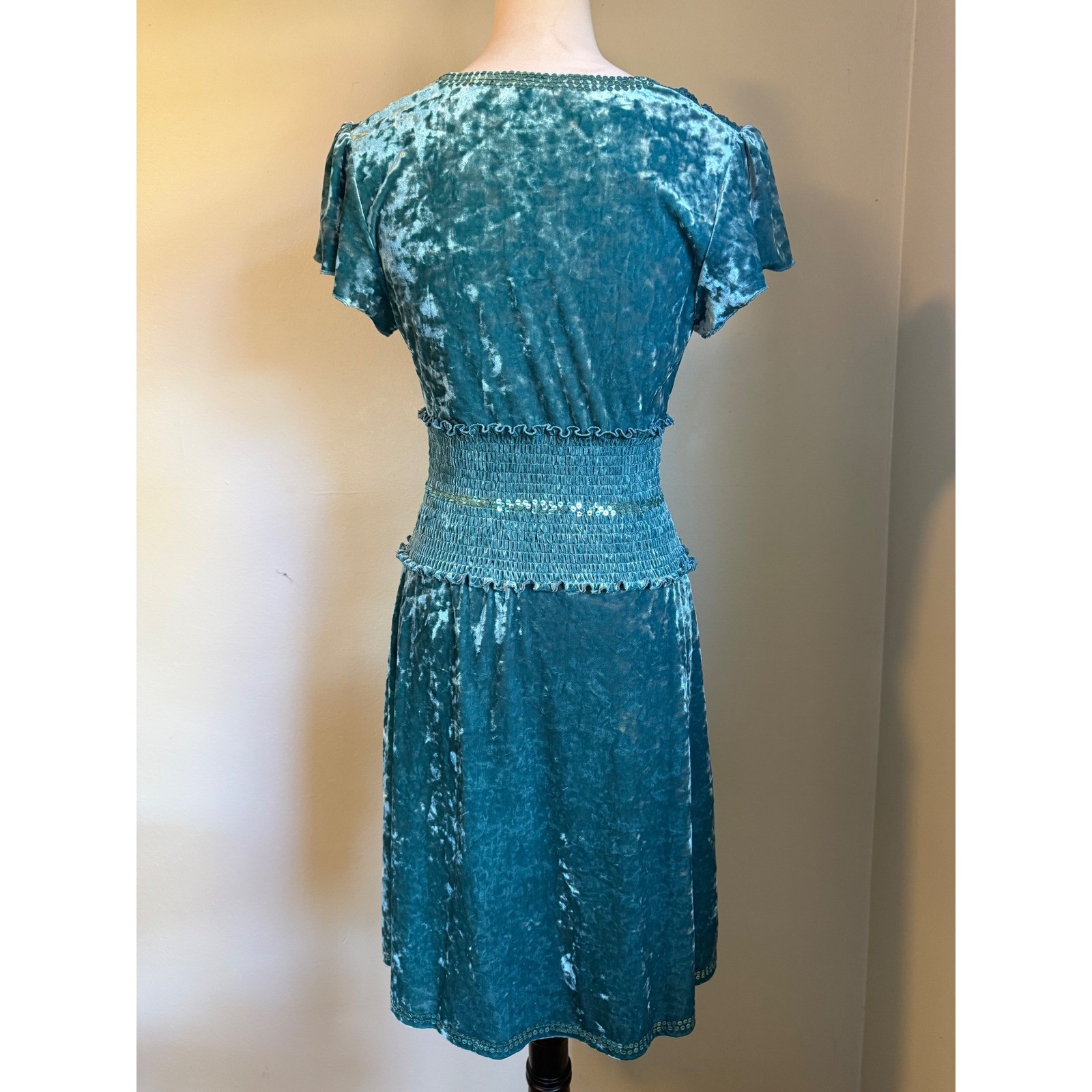 Moda Teal Crushed Velvet Smocked Sequin Dress M whimsigoth boho Y2K dainty retro