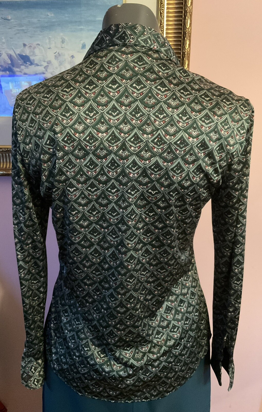 70s Wayne Rogers Shirt Nylon Designer Green Multiprint zipper Graphic M Button