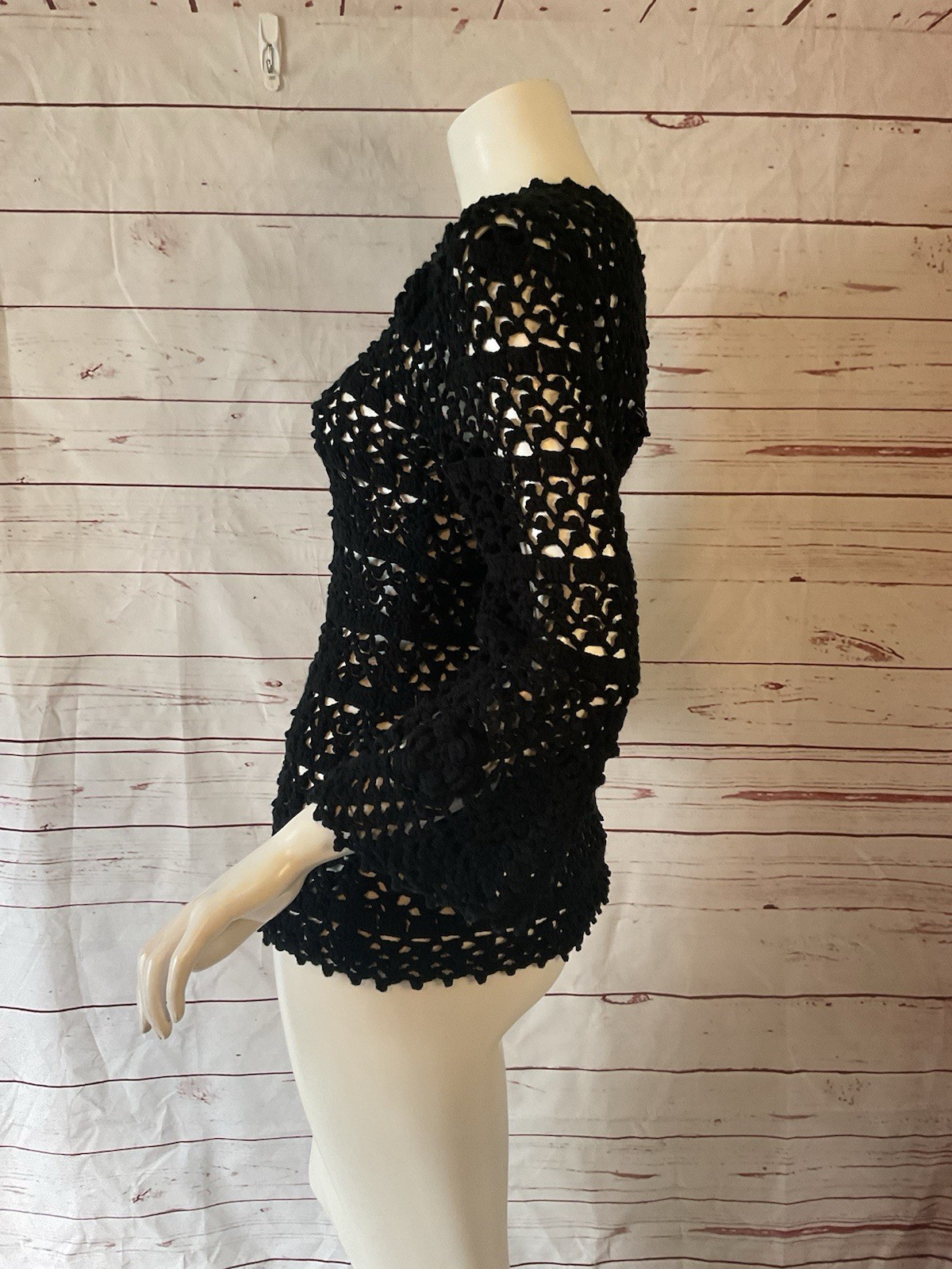 1970s True Vintage Leroy Califorina Black Hippie Crochet Top Bell Sleeve S