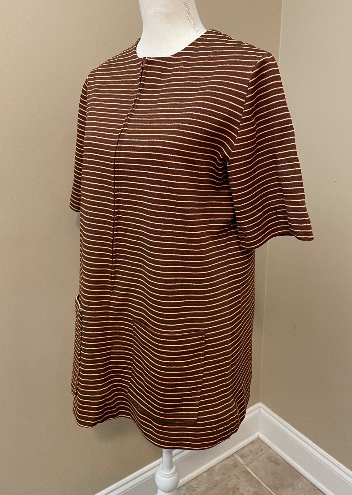 Vintage 70s Handmade Zip Front Tunic Top L Burnt Orange Green Striped Pockets