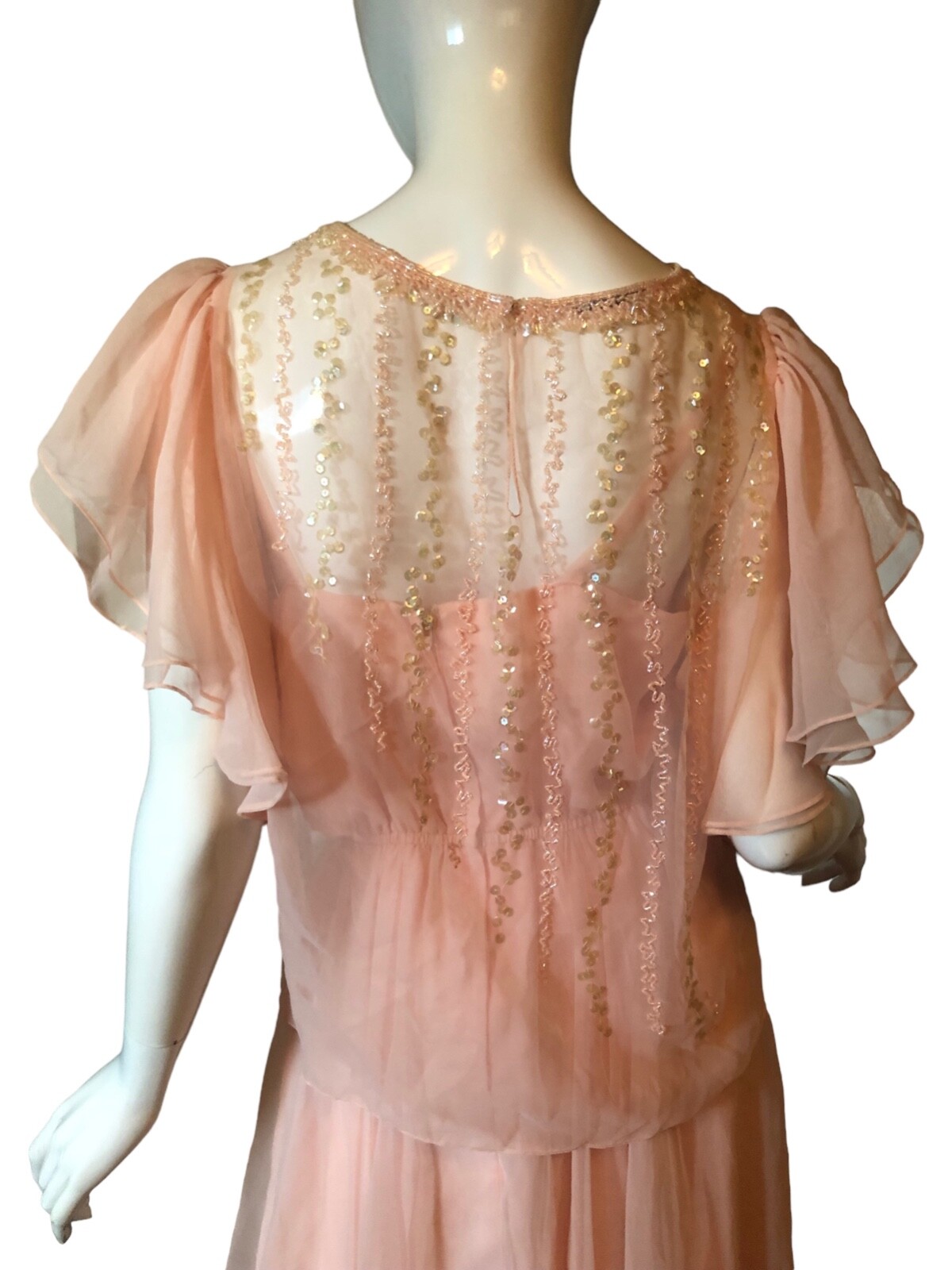 Vtg 70s 80s JACK BRYAN Dress Set 14 M Pink RUFFLE Beaded SEQUIN CHIFFON COQUETTE