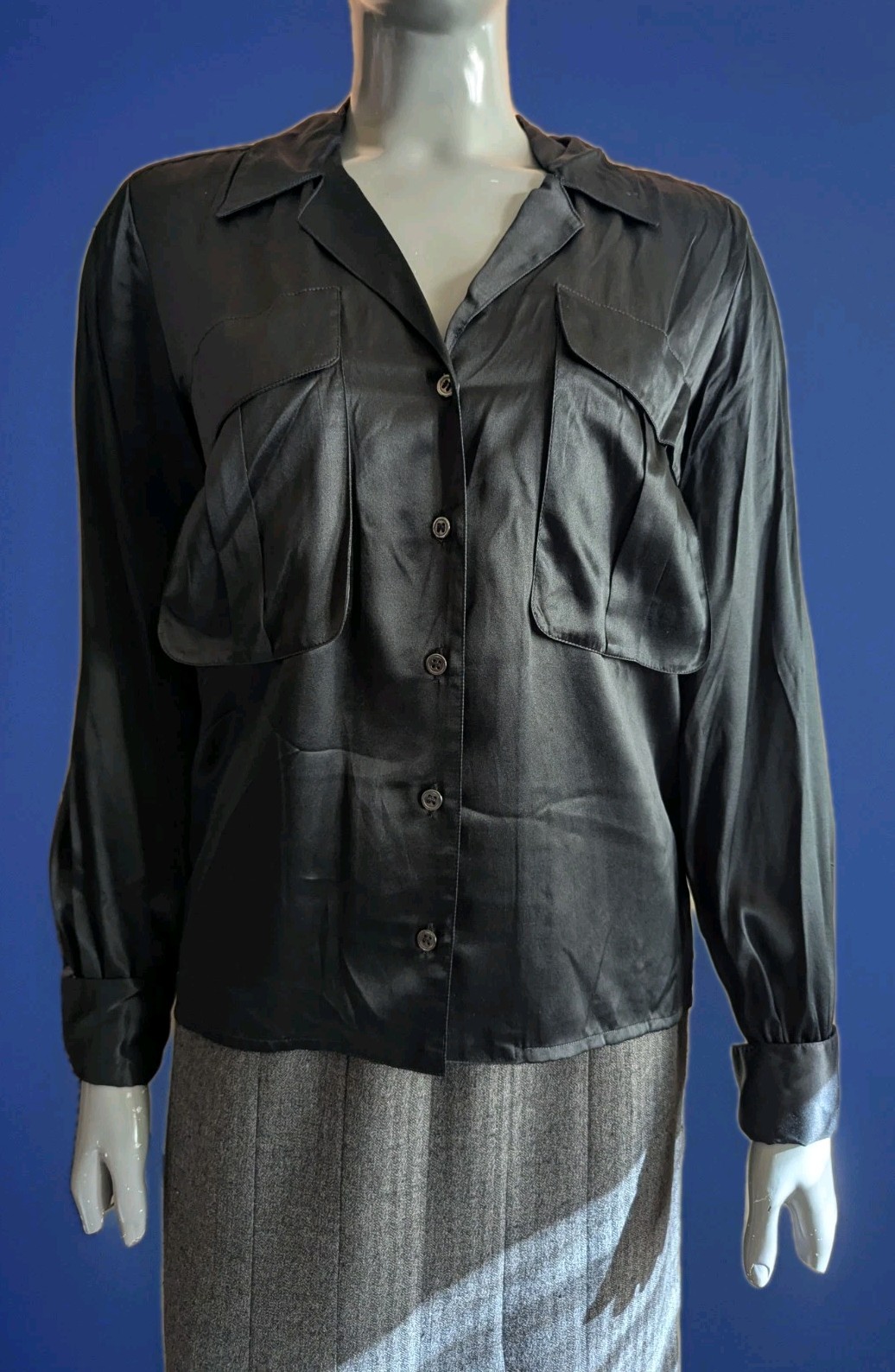VTG 80s Boda Black Silk Satin-Finish Blouse Dual Chest Pockets Pointed Collar 6