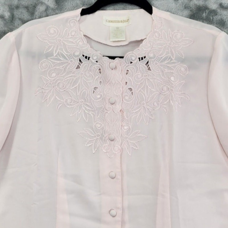Vintage Christie & Jill Top Womens M/L Pink Pastel Embroidered Floral Button Up