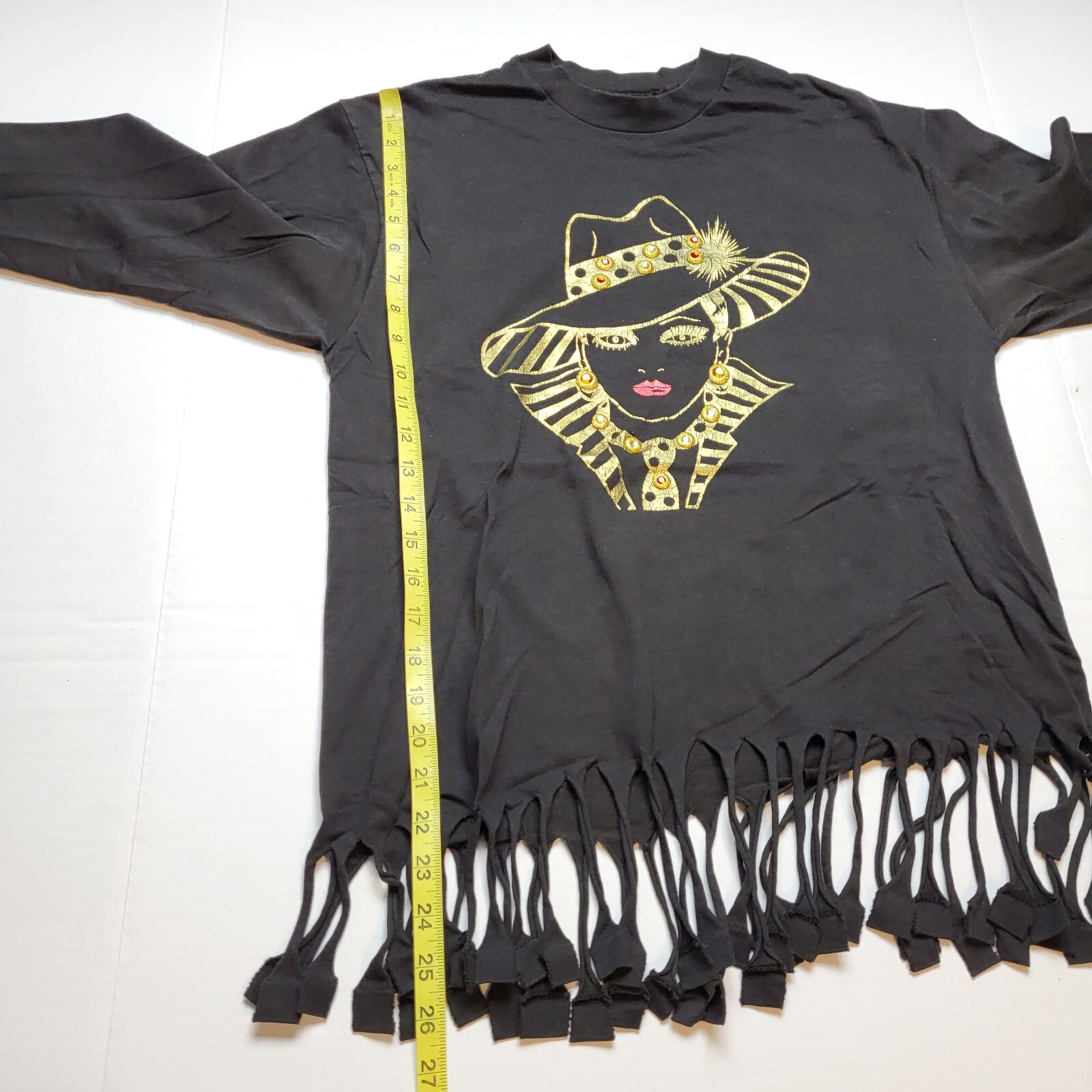 Vtg Elegant Lady T-Shirt Womens M Gems Fancy Long Sleeve Black Gold USA 90s ~46