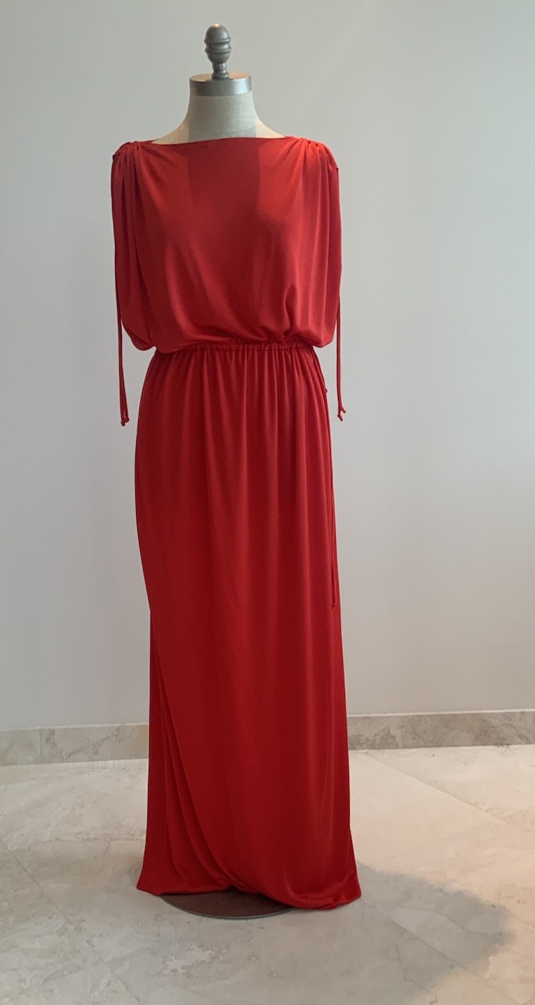 Vtg 70s Red Slinky Jersey Maxi Dress Womens Tere Tereba 4 Malibu Media Sz Sm/Med