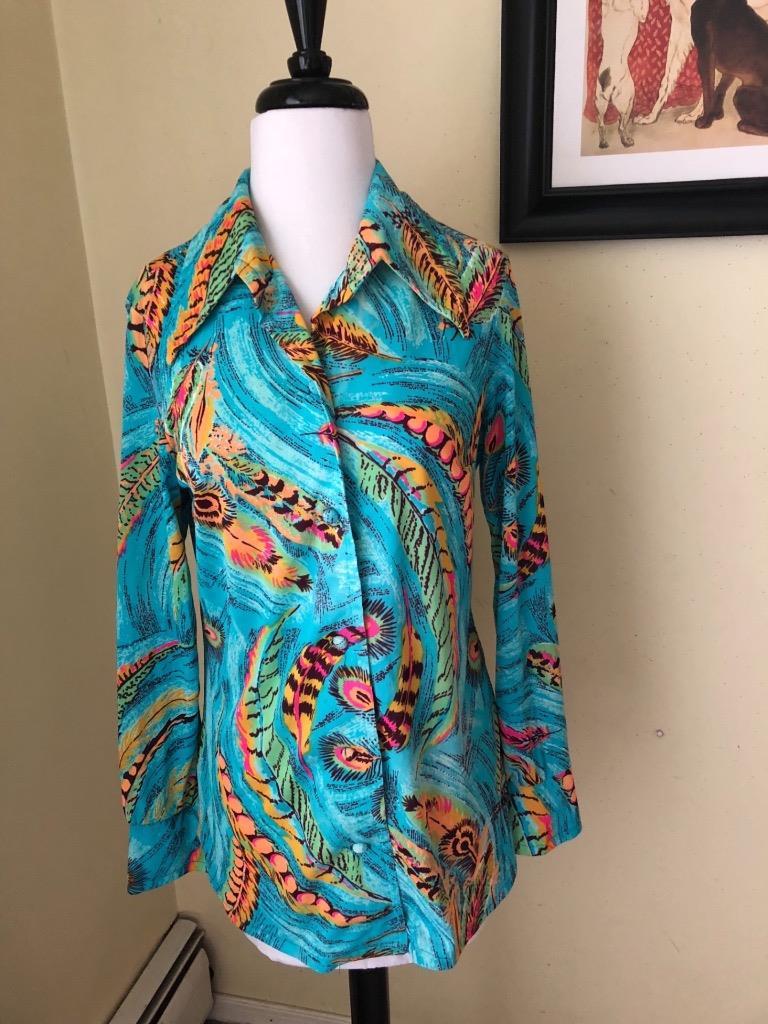 Vintage 1970’s Turquoise Blue Peacock Blouse Feathers Multi Colored Nylon Sz M