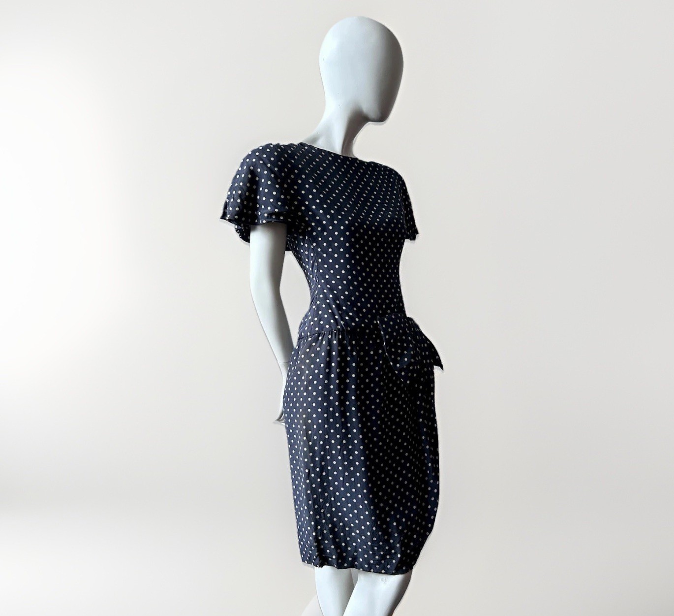 Vintage Arnold Scaasi Dress Pin Up Navy Blue White Polka Dot 80s Cocktail sz S