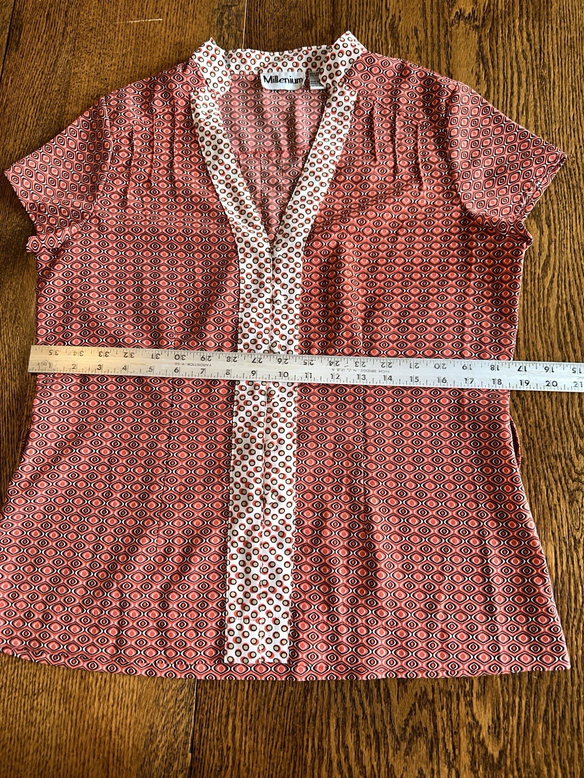 Vtg 90s Y2K Top Shirt Millenium Orange Geometric Medium Hippie Boho Chic Retro