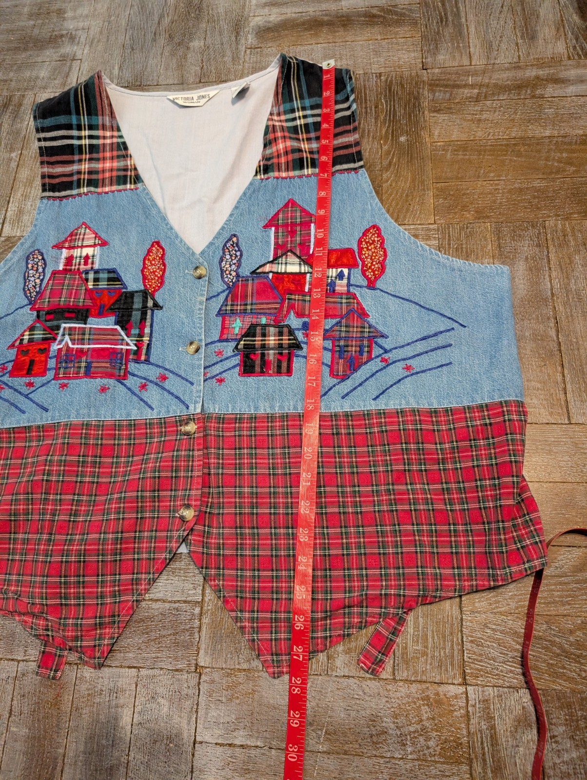 Victoria Jones Woman Vest 22W 42 Denim Patchwork Plaid Button Front Embroidered