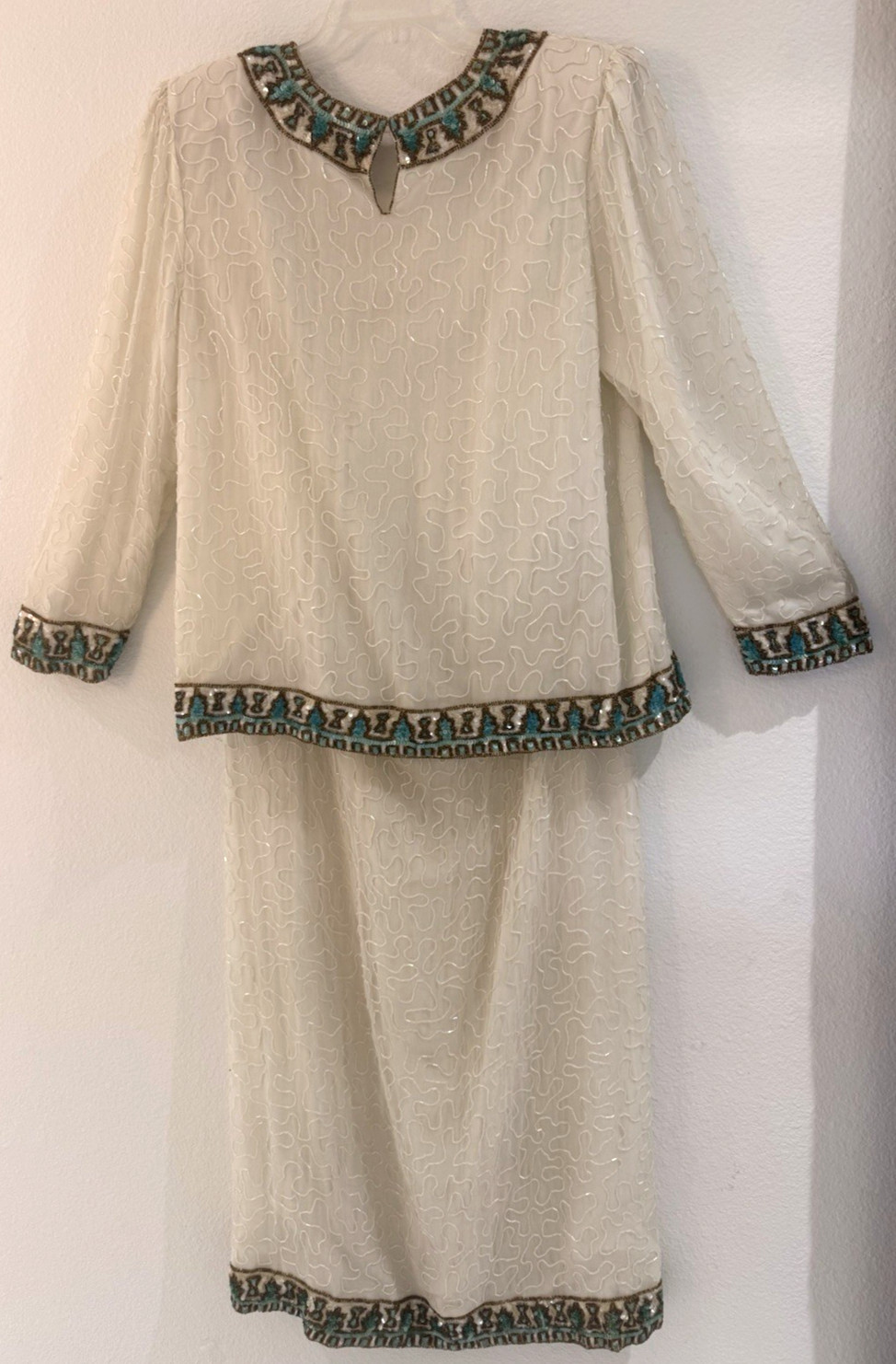 Vintage 70’s Women’s Dressy Scala 100% Silk Beaded Blouse and Skirt Set LG