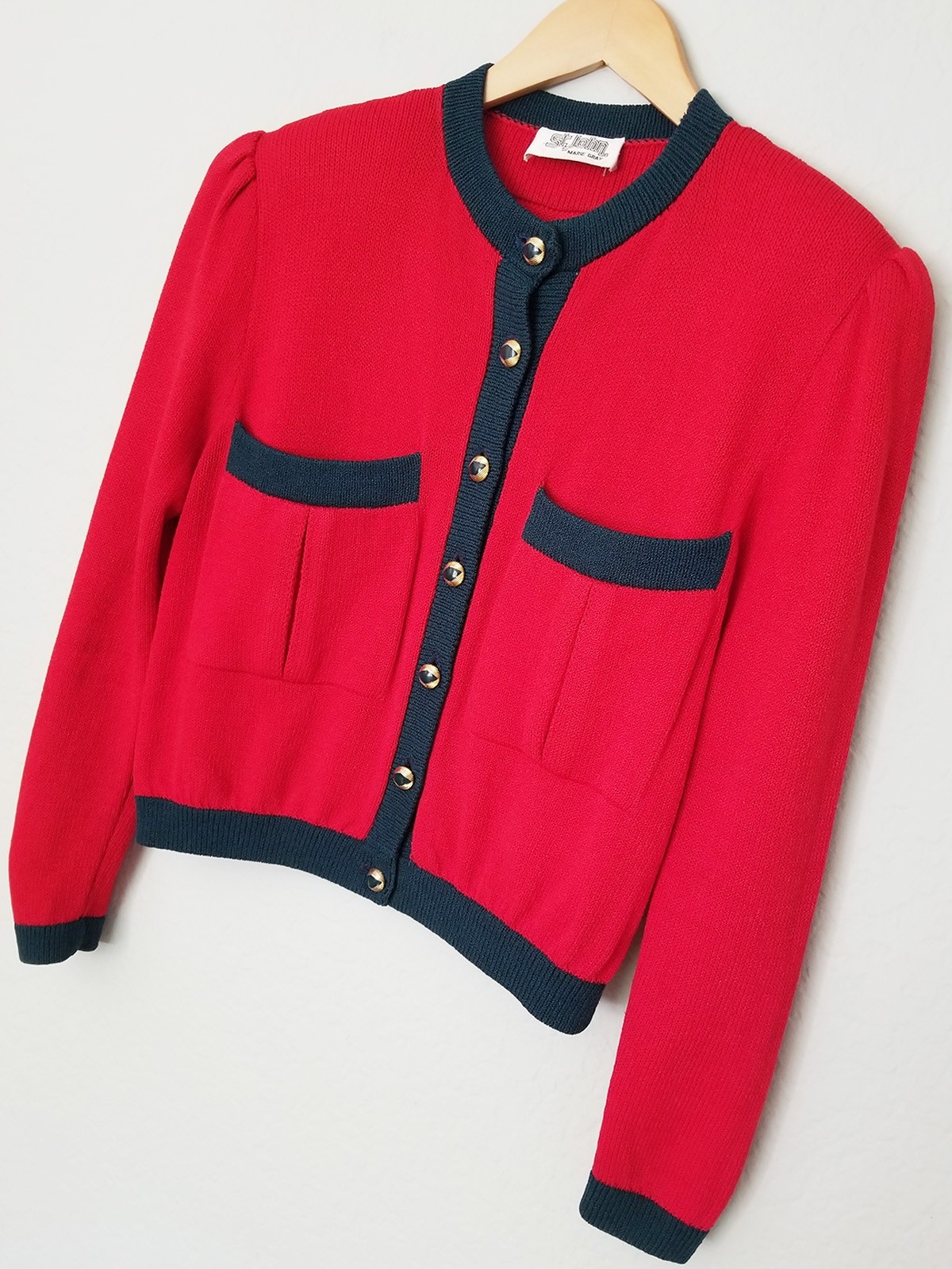 St. John Mary Gray Vintage Red Blue Button Up Cardigan Crop Santana Knit Size 10