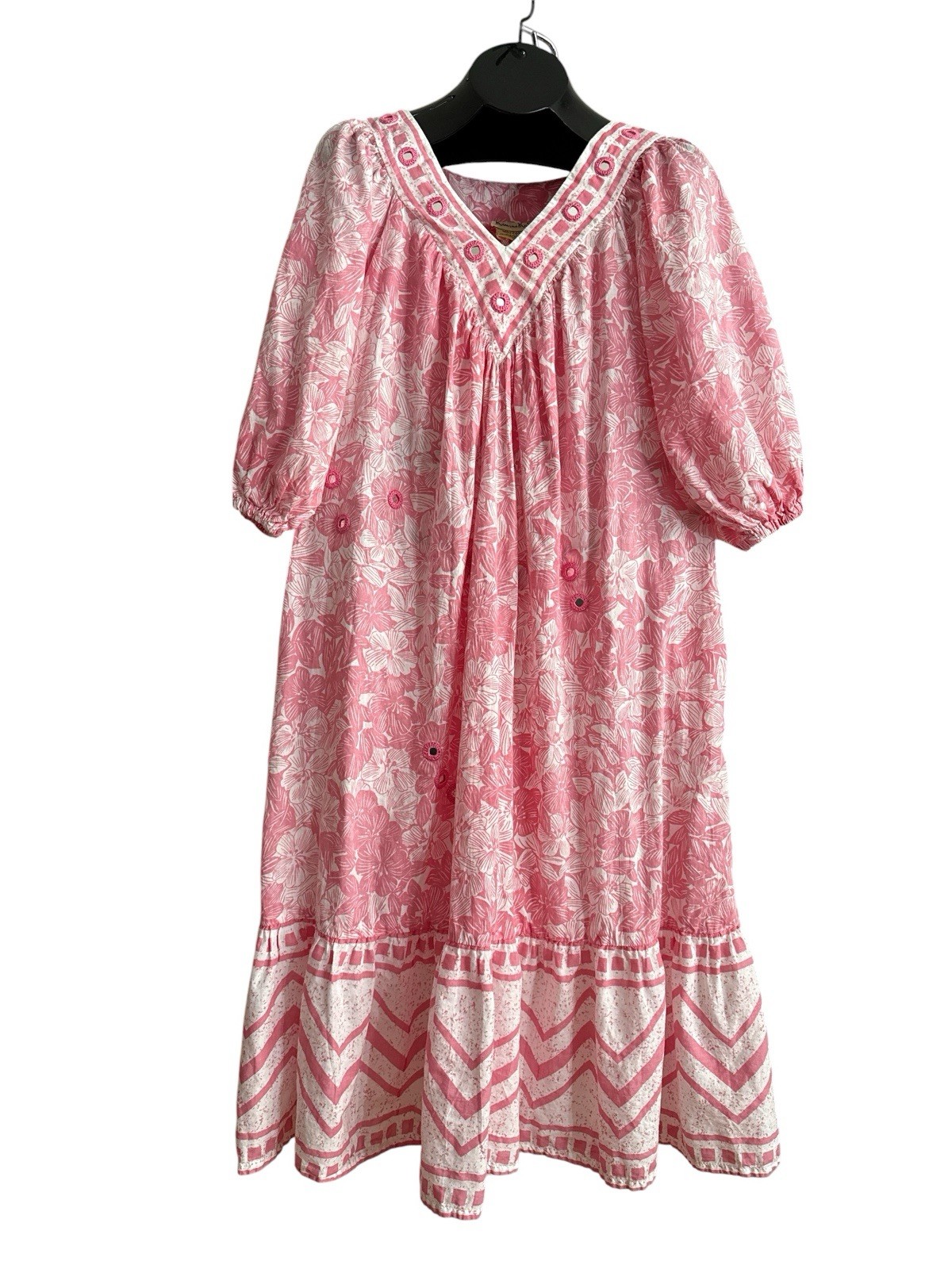 Vintage 70s Ramona Rull Dress Pink Floral Kaftan Maxi Mirror Embroidered Size 1X