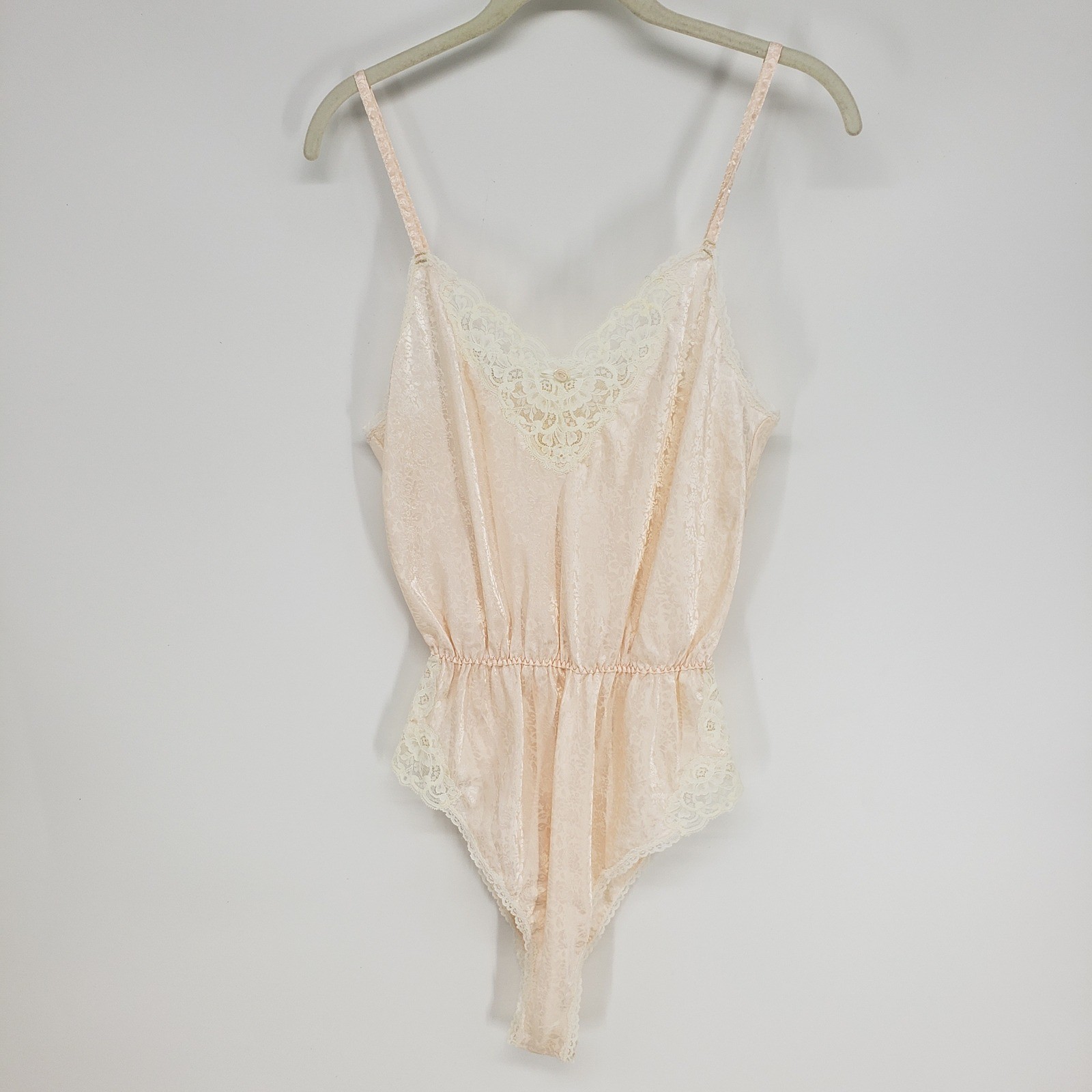 Barbizon Vintage Lace Trim Teddy Bodysuit Womens Small Peach Floral Jacquard 80s