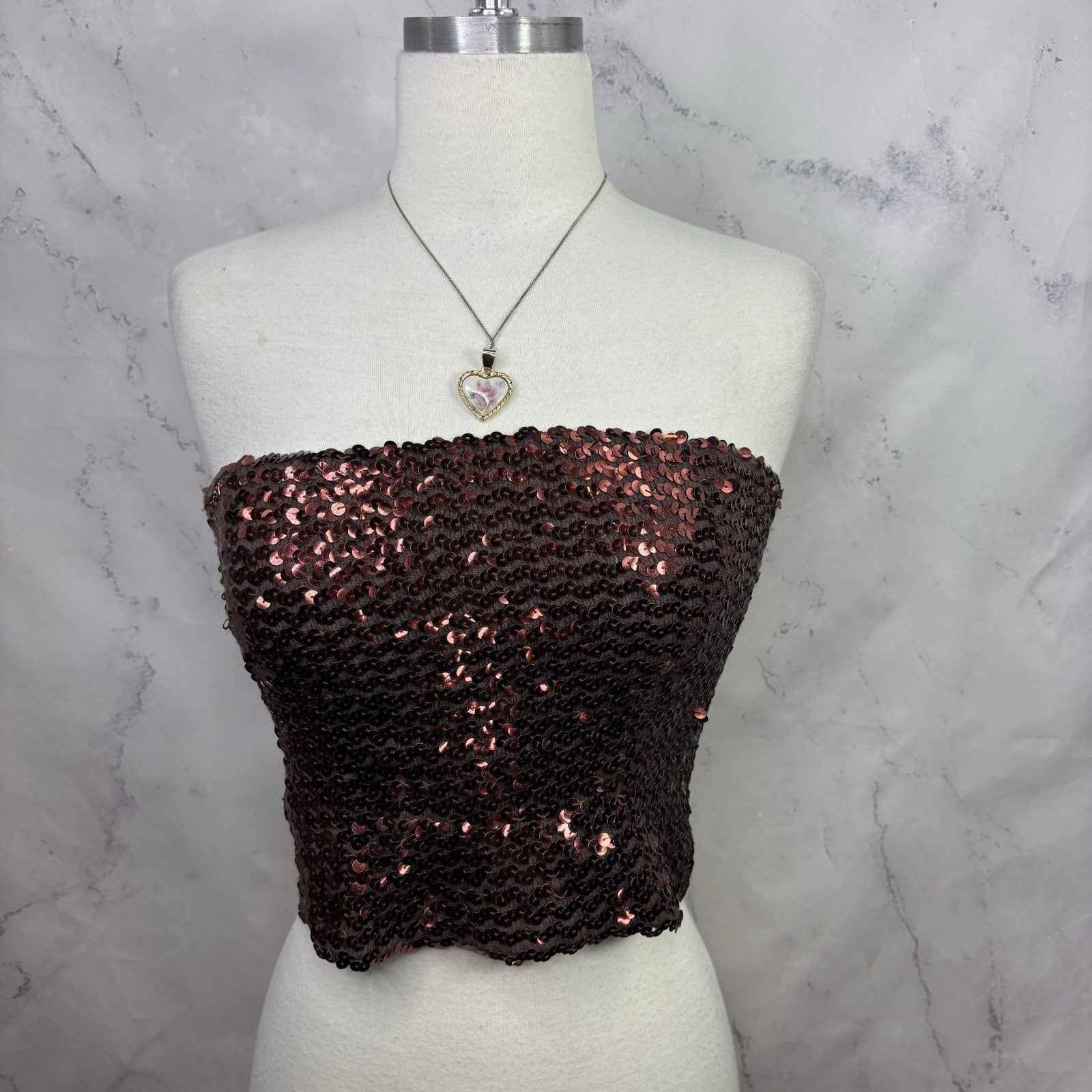 Vintage 1980s 90s Copper Brown Disco Sequin Tube Top Crop Top sz S USA Retro