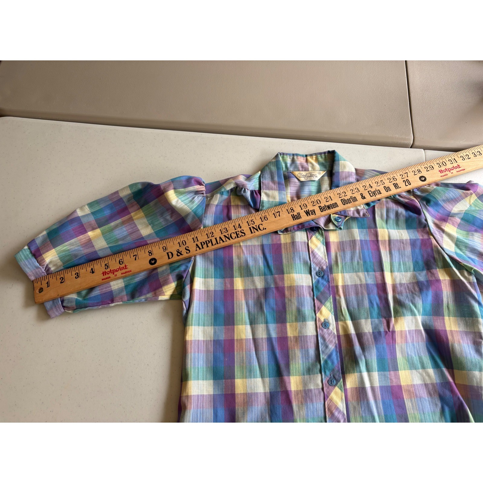 Cheryl Tiegs Rainbow Plaid Puff Sleeve Button Down Shirt Womens M Vintage 80s