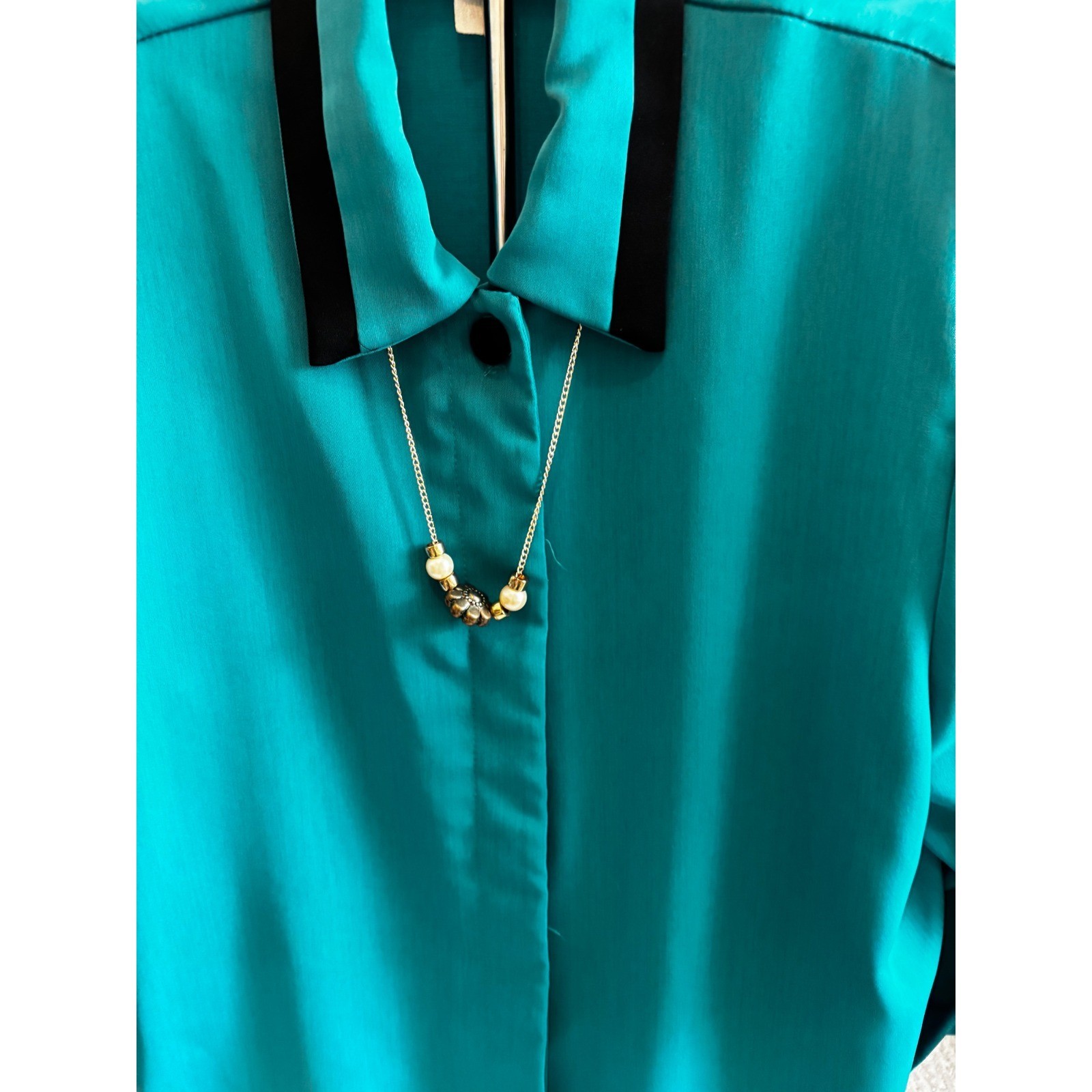 Vintage 90s Reina NY Colorblock Blouse L Teal Black Secretary Minimalist