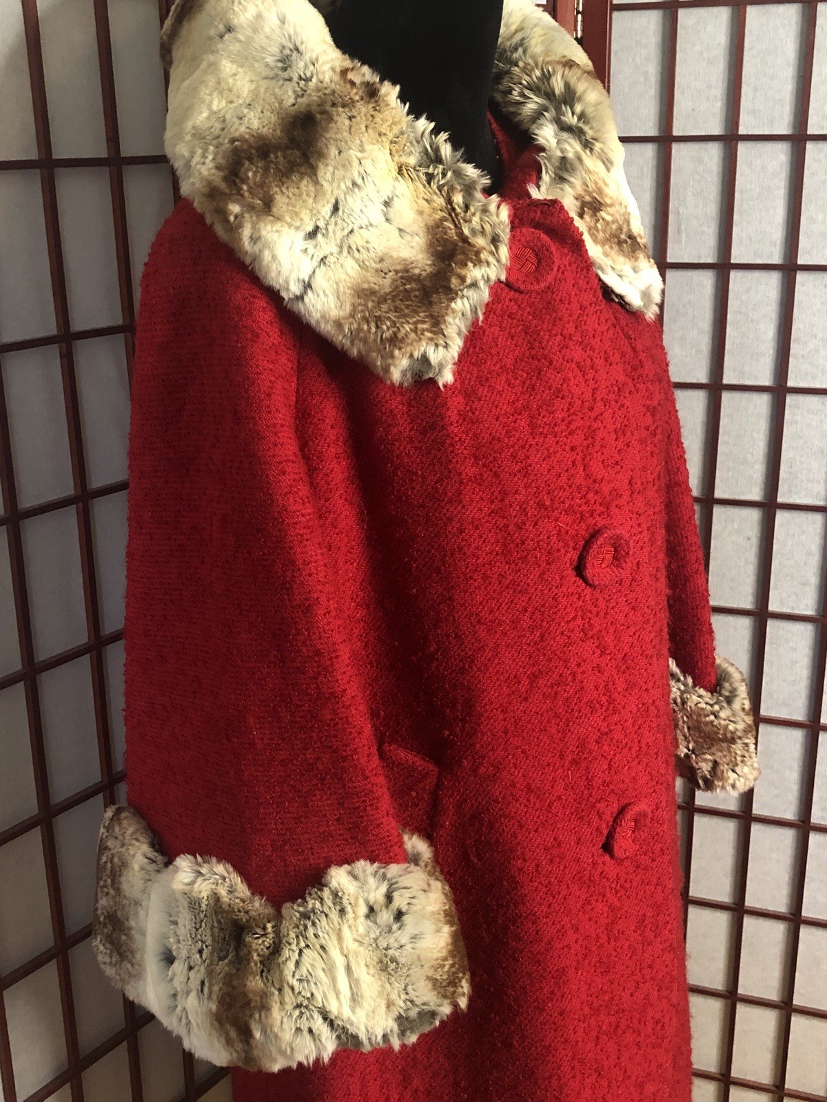 Vintage 1950s Red Nubby Boucle Swing Rockabilly Fur Trim Coat Med/Large