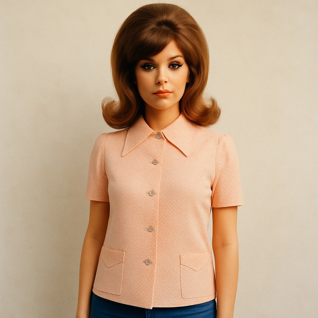 Vintage 70s Peach Floral Blouse Top Short Sleeve Dagger Collar Pockets Retro M