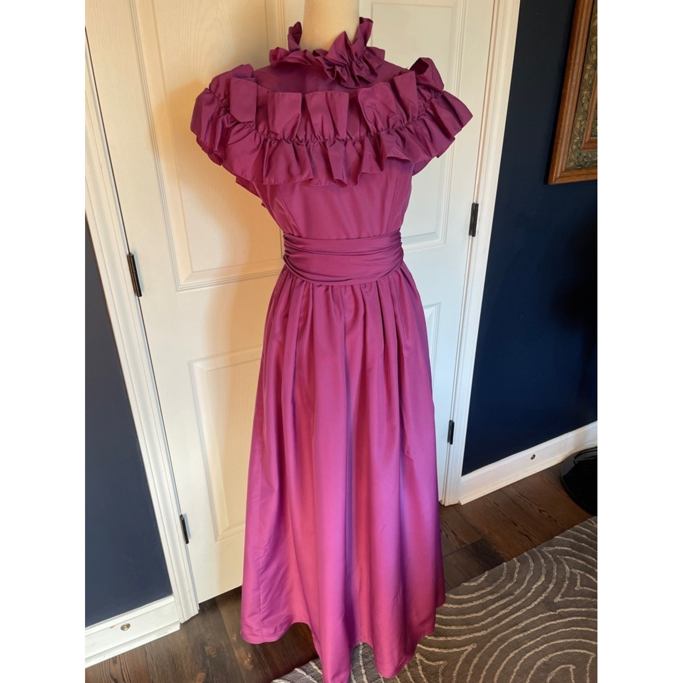 Vintage Handmade Ruffled Maxi Dress Magenta Full Skirt Size 4