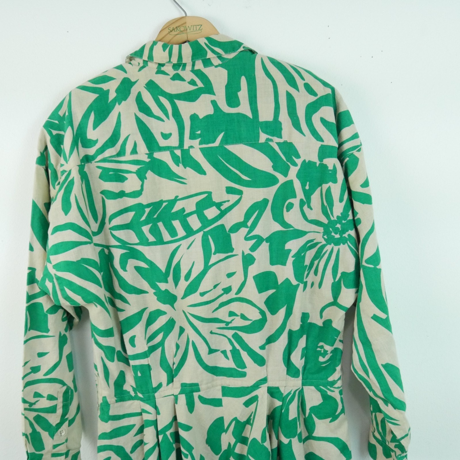 Vintage 80s Linen Blend Shirt Dress Modest Fit Flare 12 Resort Tropical Retro