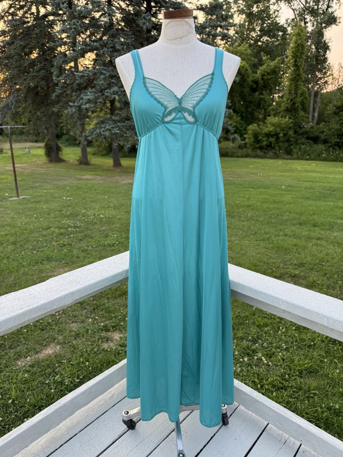 Vintage 70s Butterfly Teal Blue Gown Slip Dress Tie Back Coquette Fairy Medium