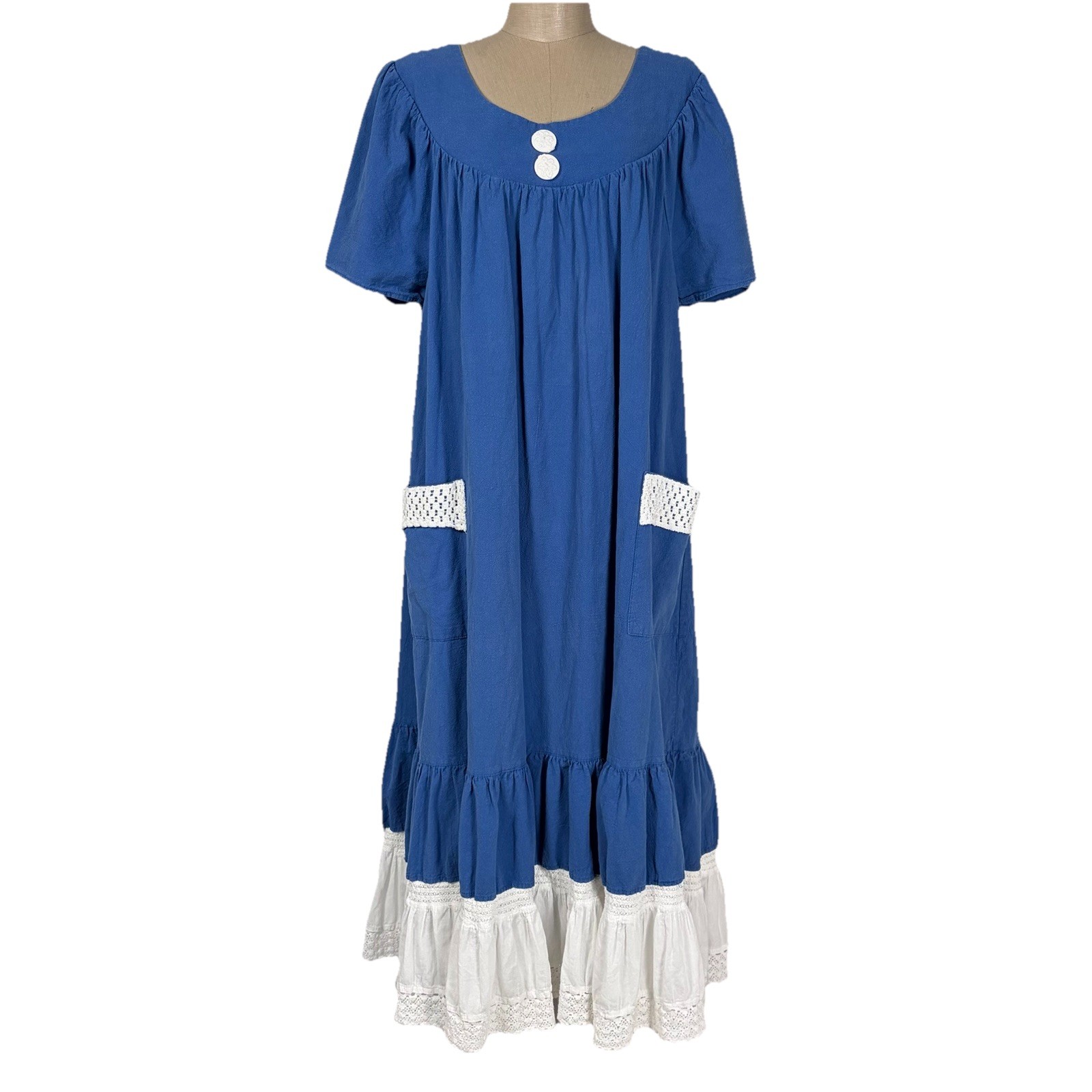 VTG National Prairie Dress Blue White Eyelet Lace Cottagecore Midi Size XL XXL