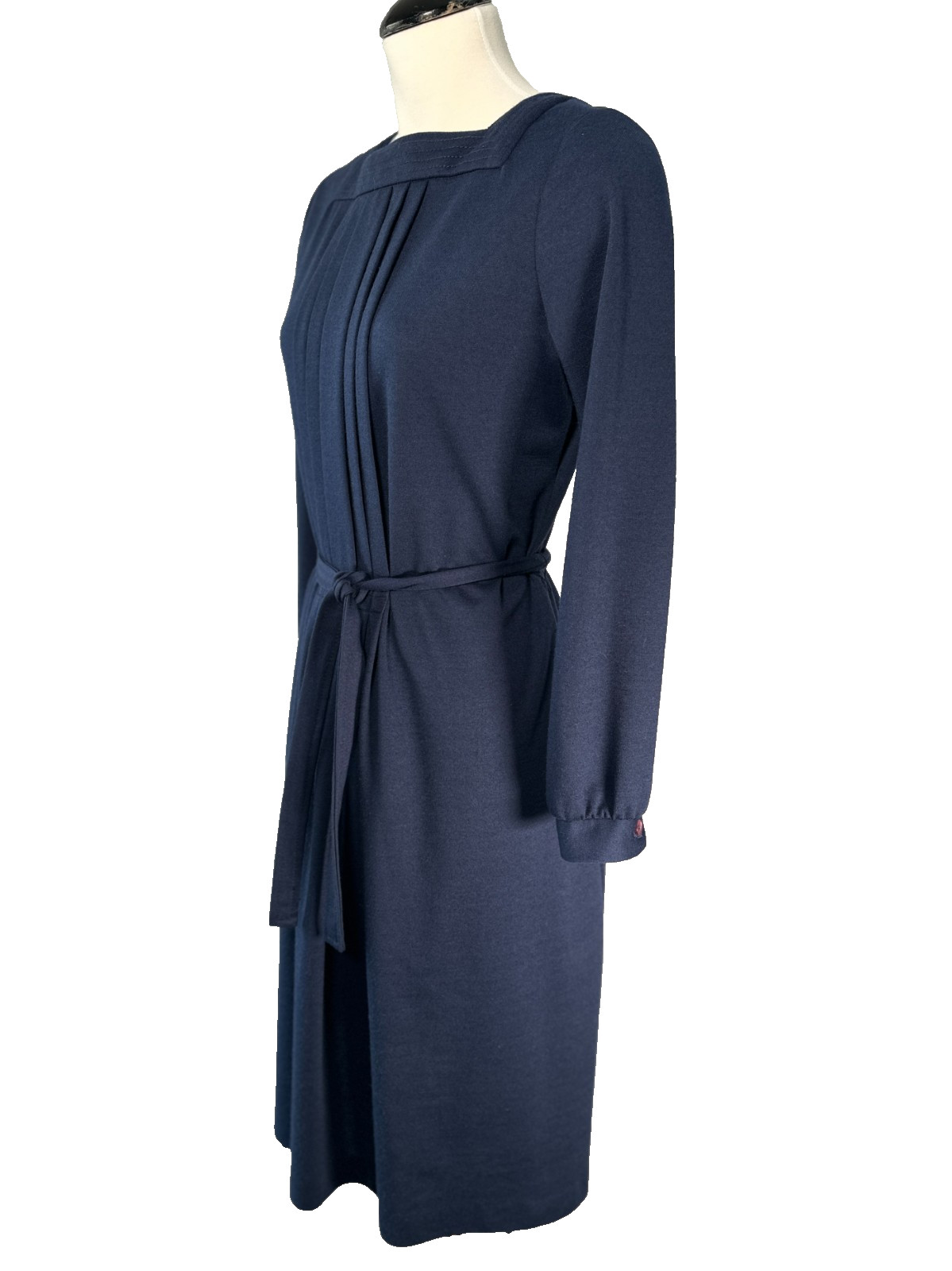 VTG 70s Twee Navy Blue Pleated Dress Square Neck Belted Aline Midi Secretary S/M