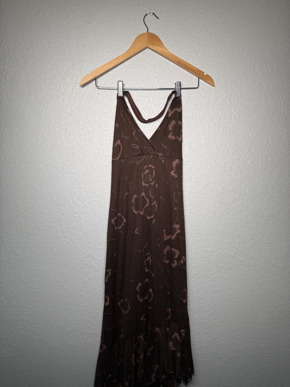 vintage 90s sparkle brown dress ruffle asymmetrical halter flow formal festival