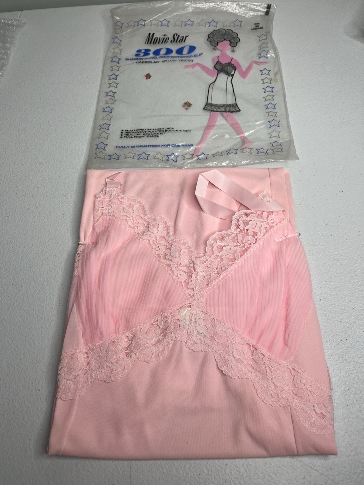 VTG MOVIE STAR Pink Nylon & Lace Slip Dress Lingerie SZ 36 “300”