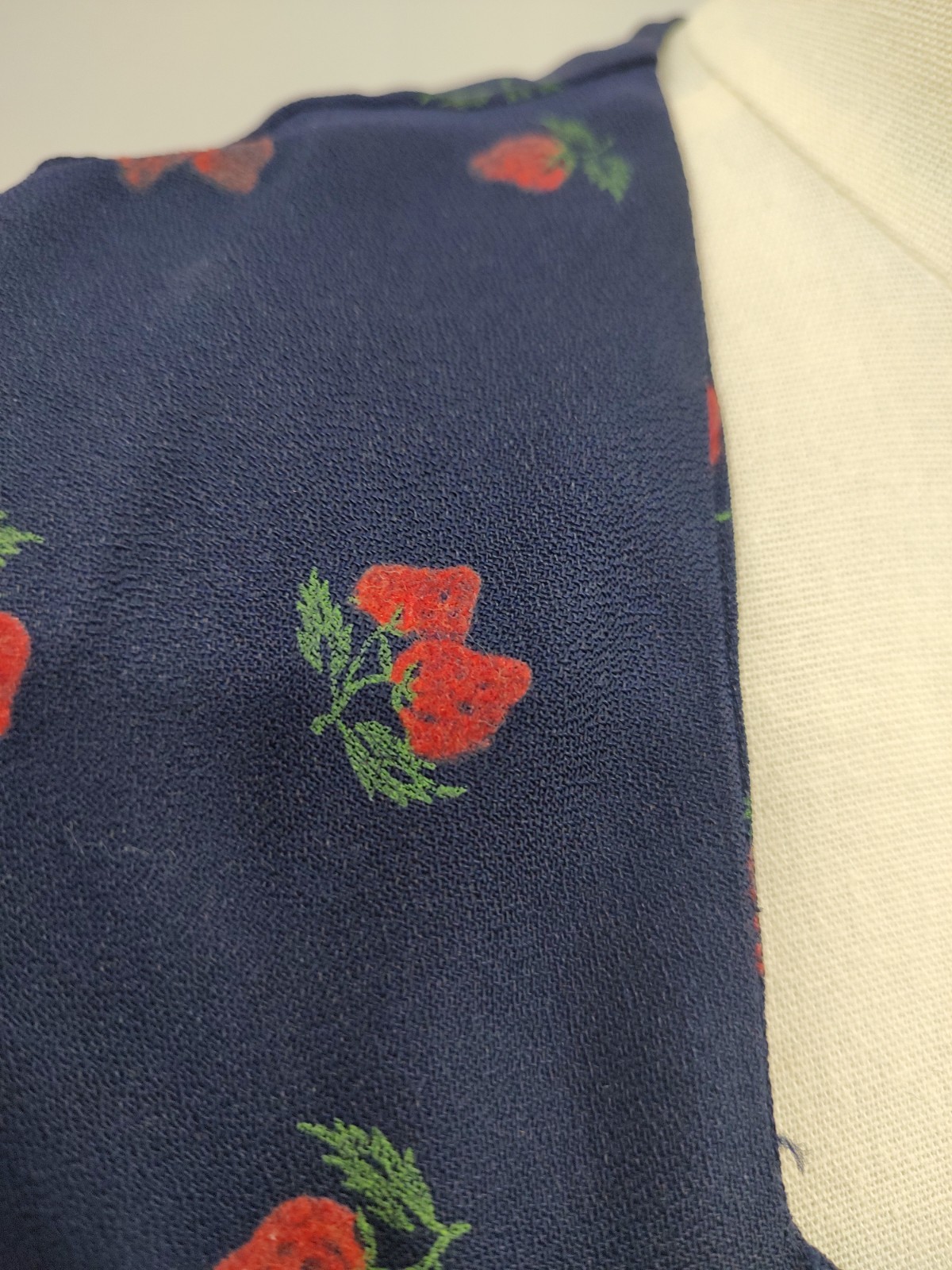 80’s Vintage Maxi Dress Strawberry Flocked Print Navy Sweetheart Neckline Long S