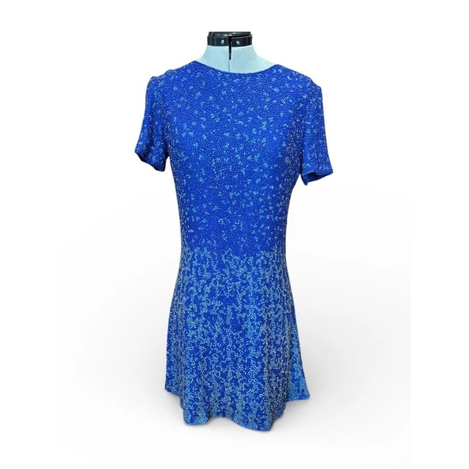 Vintage 1980s Night Vogue Blue Beaded Cocktail Dress NWT Sparkle S