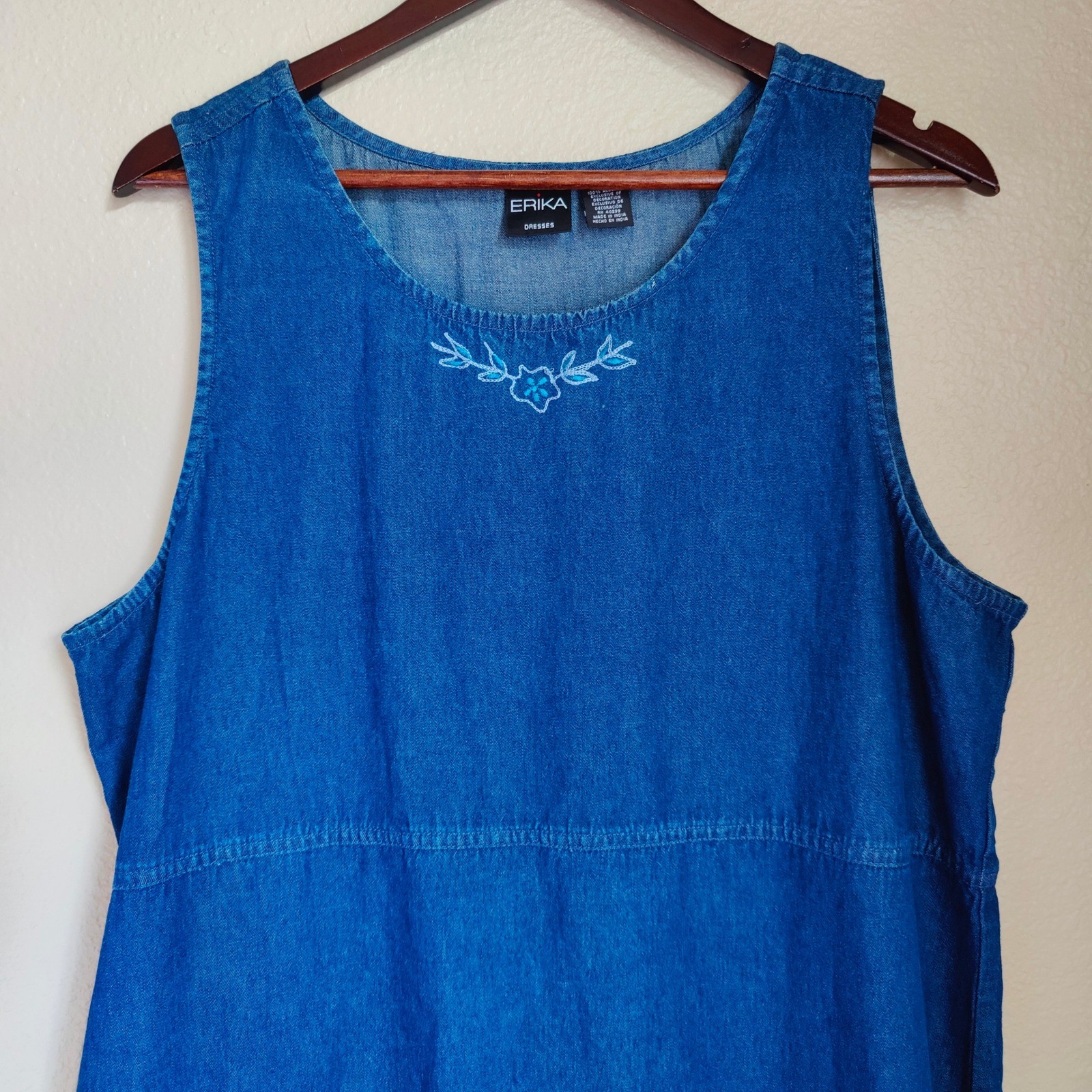 Erika Vintage 90s Denim Pinafore Jumper Dress Maxi Embroidered XL Cottagecore