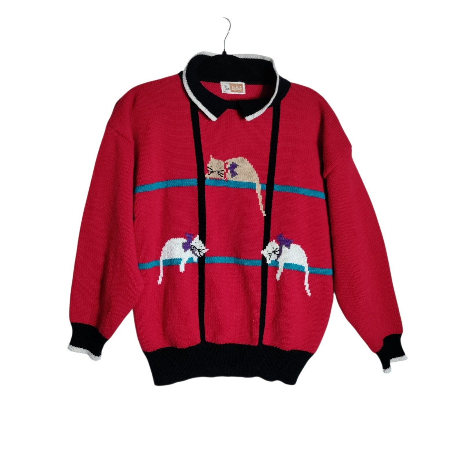 Vintage I’m Inflaks Red Cat Intarsia Knit Sweater Polo Collar Retro 80s 90s