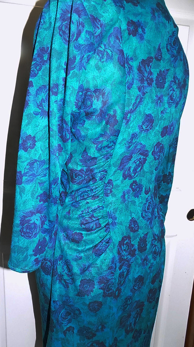 Vintage 80s Blue Aqua Floral Ruched Sides Dress Joni Blair of California Size 7