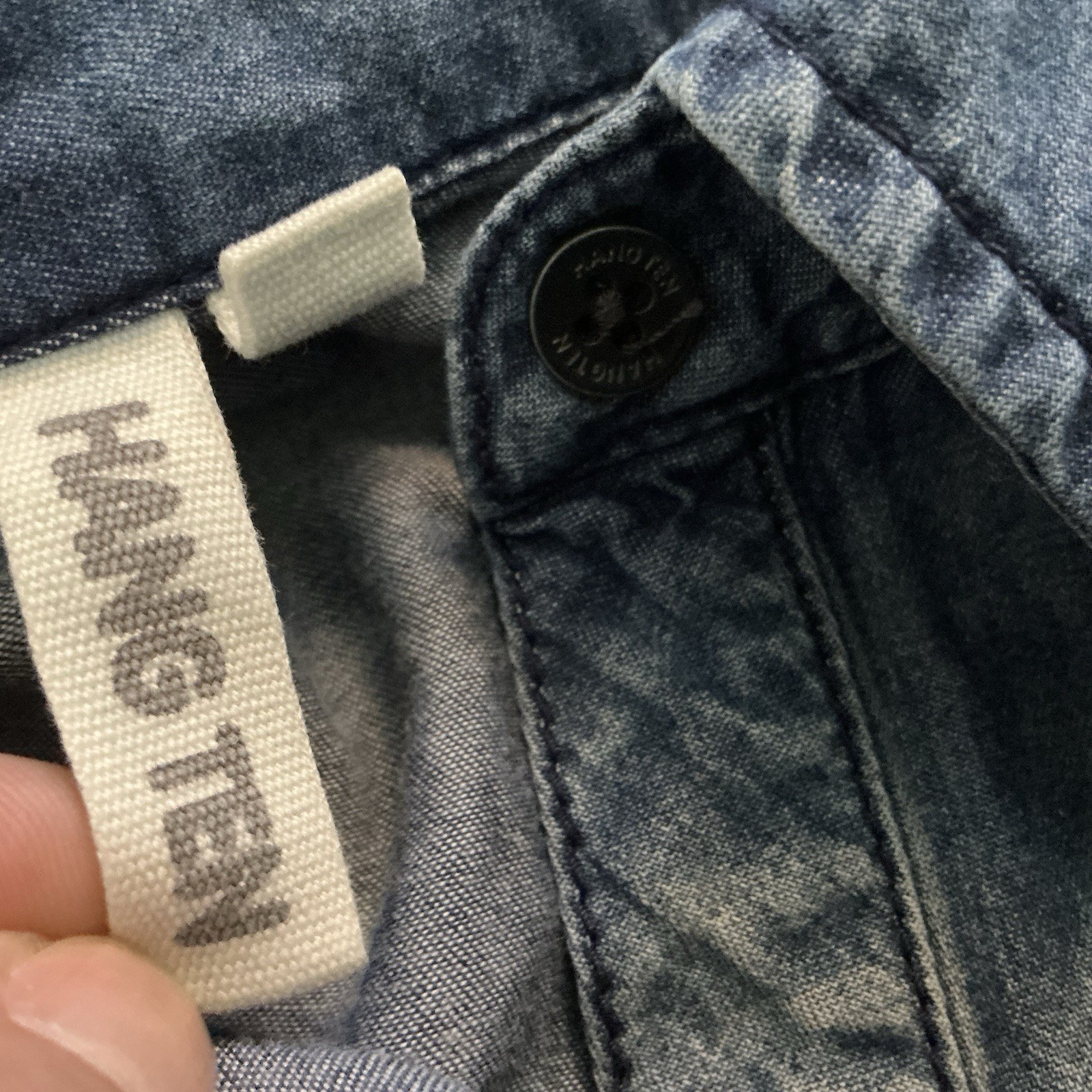Hang Ten VTG 90s Indigo Chambray Denim Shirt Dress Roll Tab Sleeves M Drop Waist