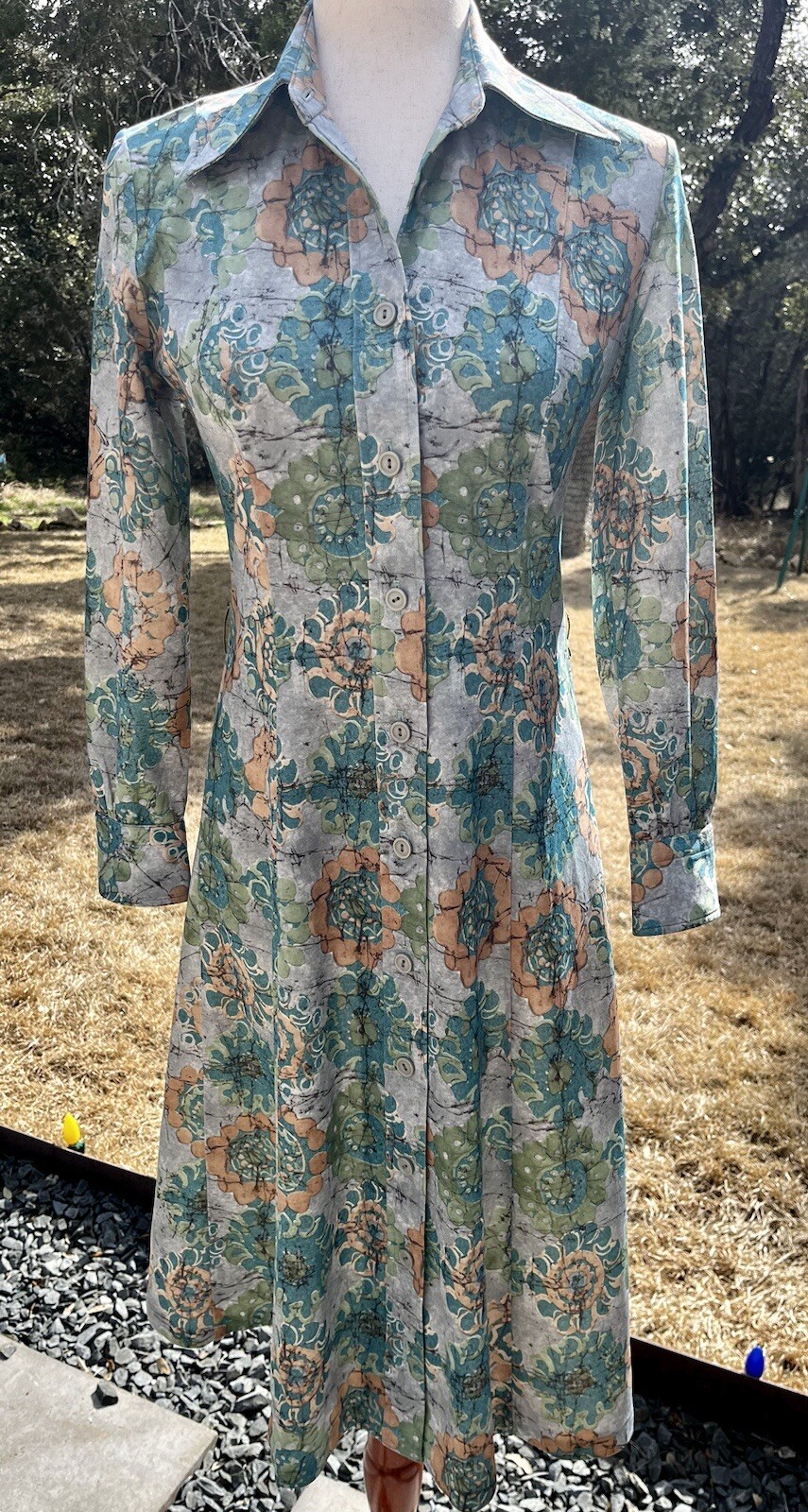 Homemade Paisley Green Long Sleeve Dress 1970s Style Vintage? 30 Waist 35 Bust